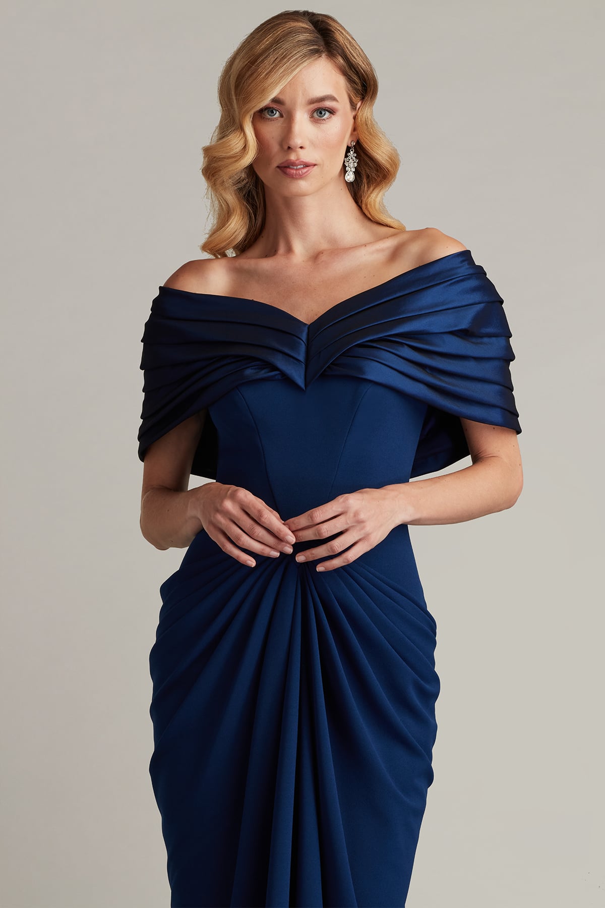 Navy Off-the-Shoulder Floor-Length Crepe Formal Draped Gown Tadashi Shoji BOS25800L