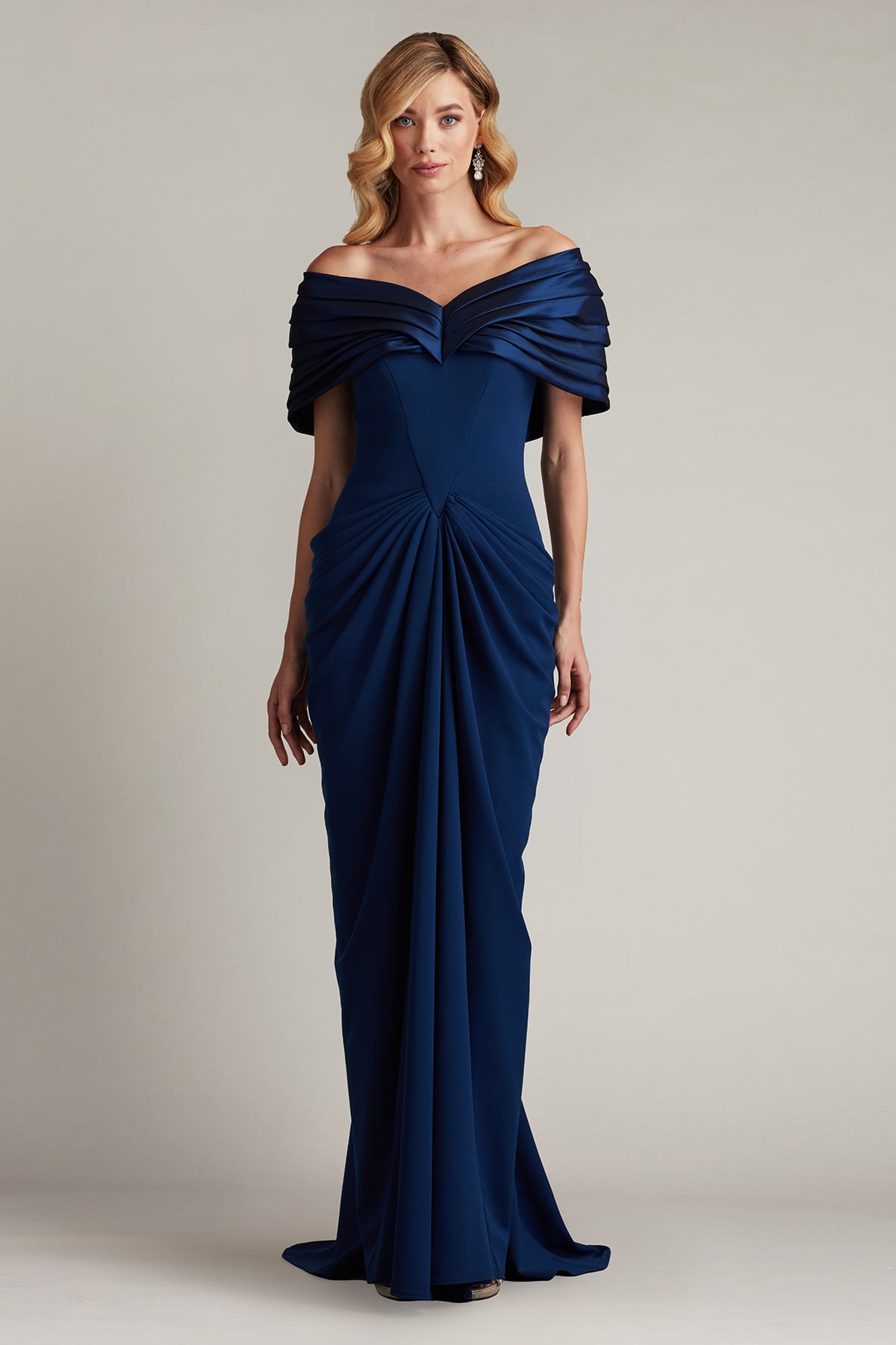 Navy Off-the-Shoulder Floor-Length Crepe Formal Draped Gown Tadashi Shoji BOS25800L