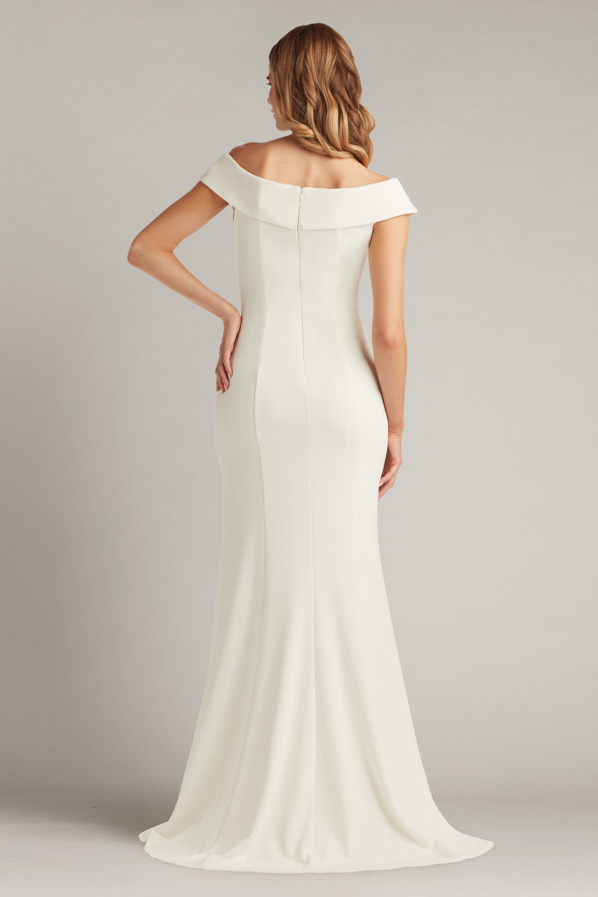 Wedding Dresses Long Fitted Beaded Slit Wedding Dress Tadashi Shoji BOS26013LBR Ivory