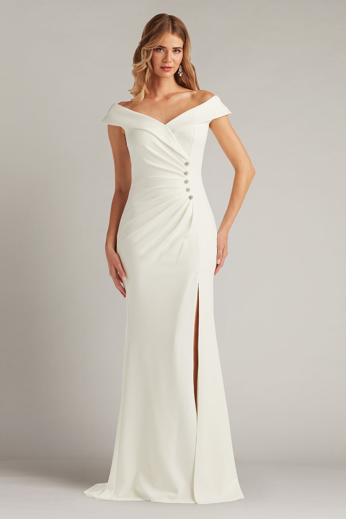 Wedding Dresses Long Fitted Beaded Slit Wedding Dress Tadashi Shoji BOS26013LBR Ivory