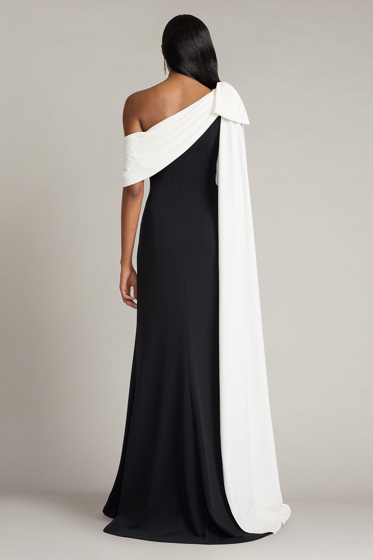 Formal Dresses Long Slit Pleated Cape Formal Dress Tadashi Shoji BOS26177L Black/Ivory