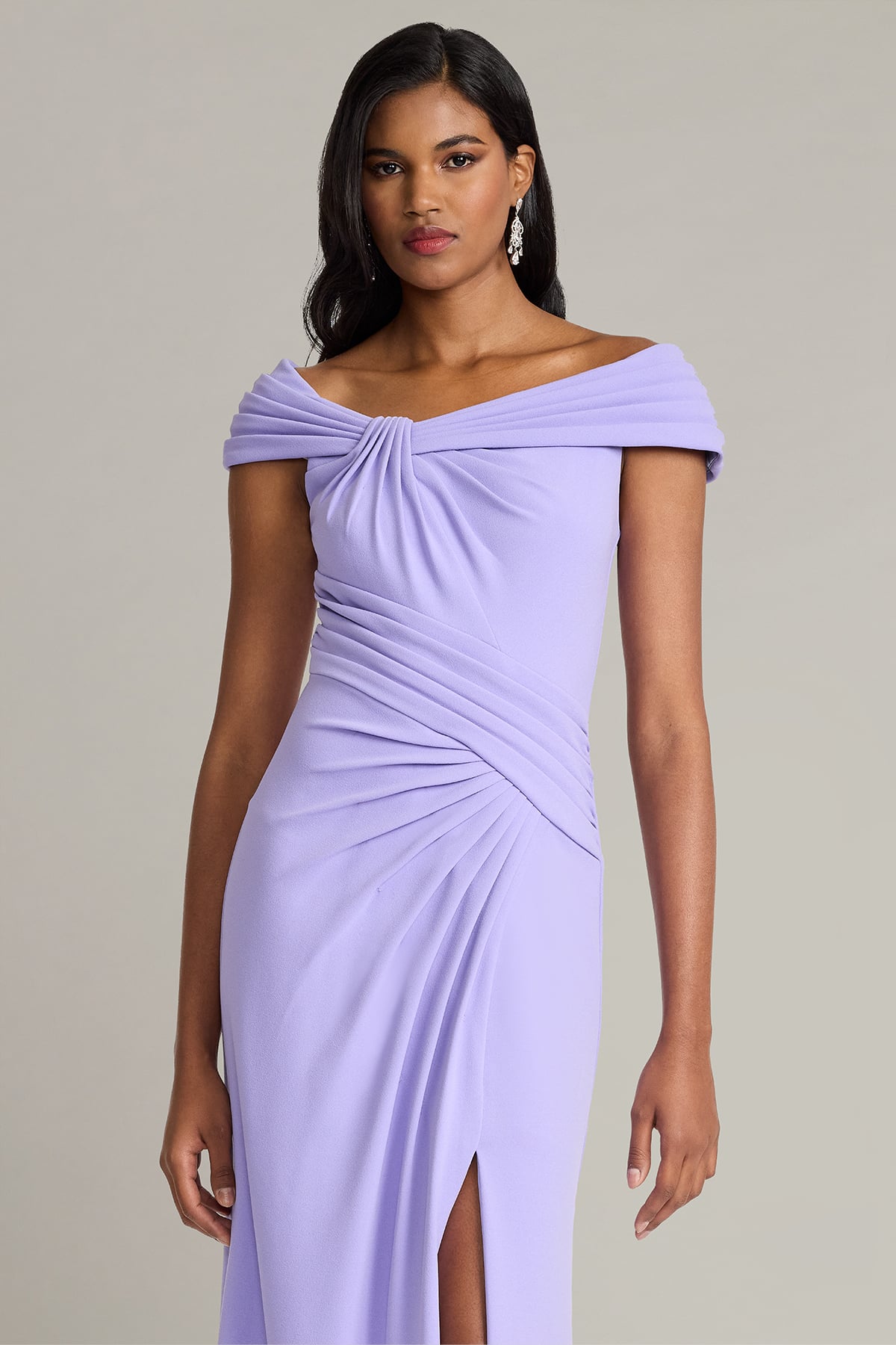 Lavender Mist Off-the-Shoulder Floor-Length Scuba Formal Gown with Side Slit Tadashi Shoji BOS26182L
