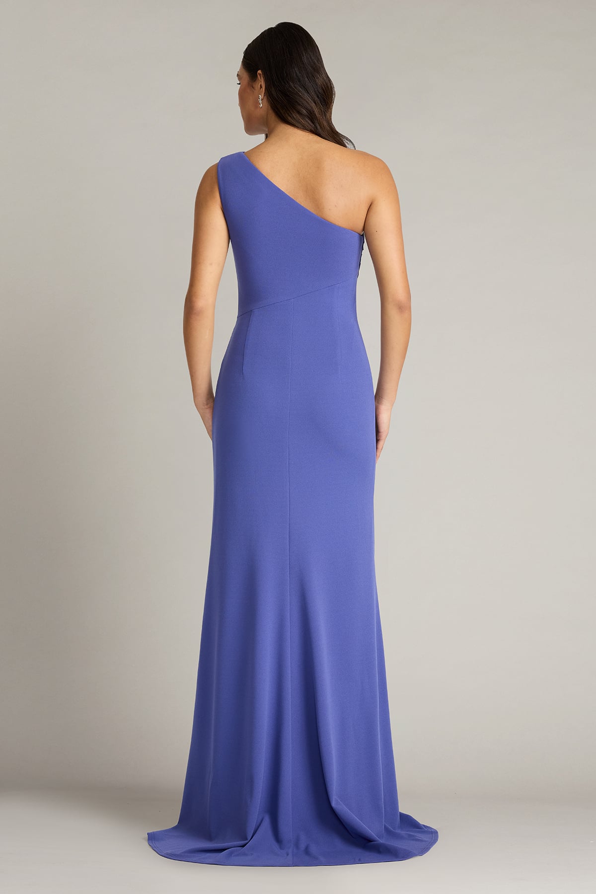 Violet One-Shoulder Floor-Length Crepe Formal Ruched Gown with Side Slit Tadashi Shoji BOS26183L