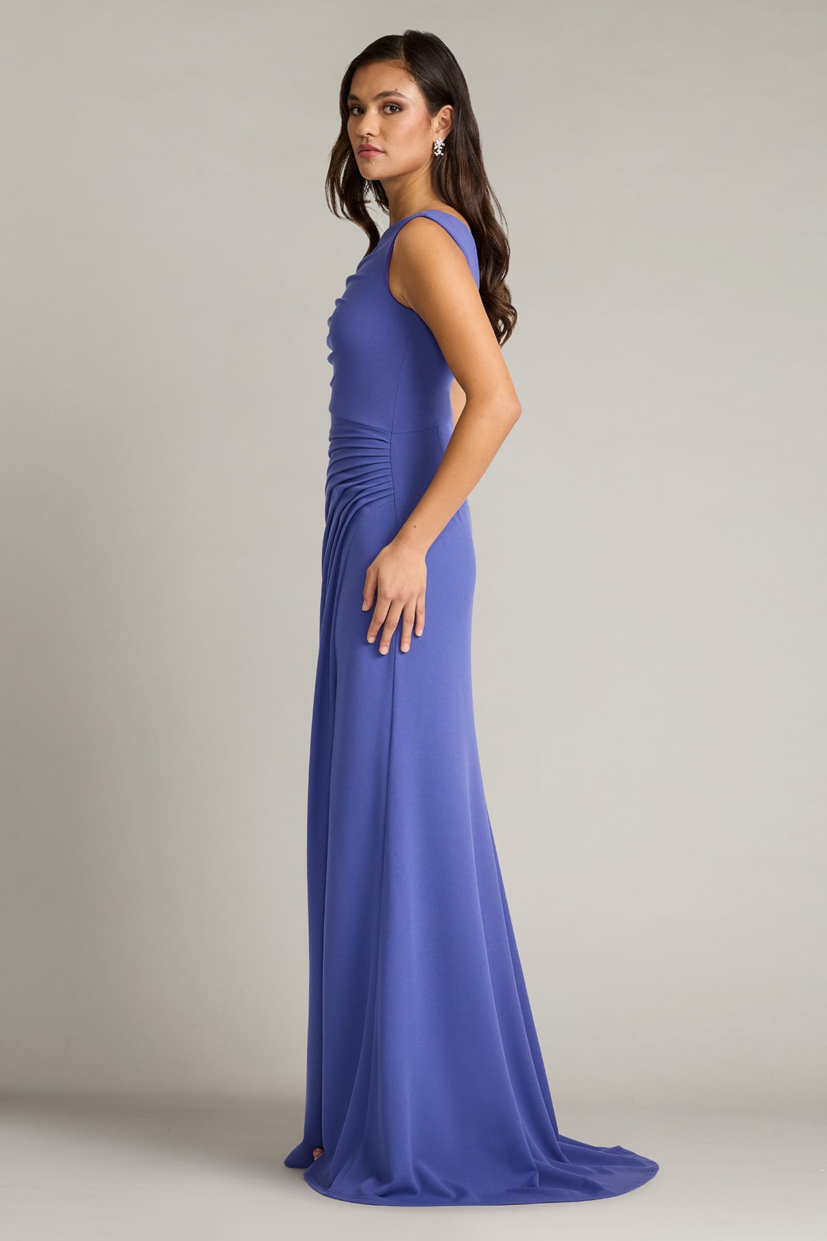 Violet One-Shoulder Floor-Length Crepe Formal Ruched Gown with Side Slit Tadashi Shoji BOS26183L