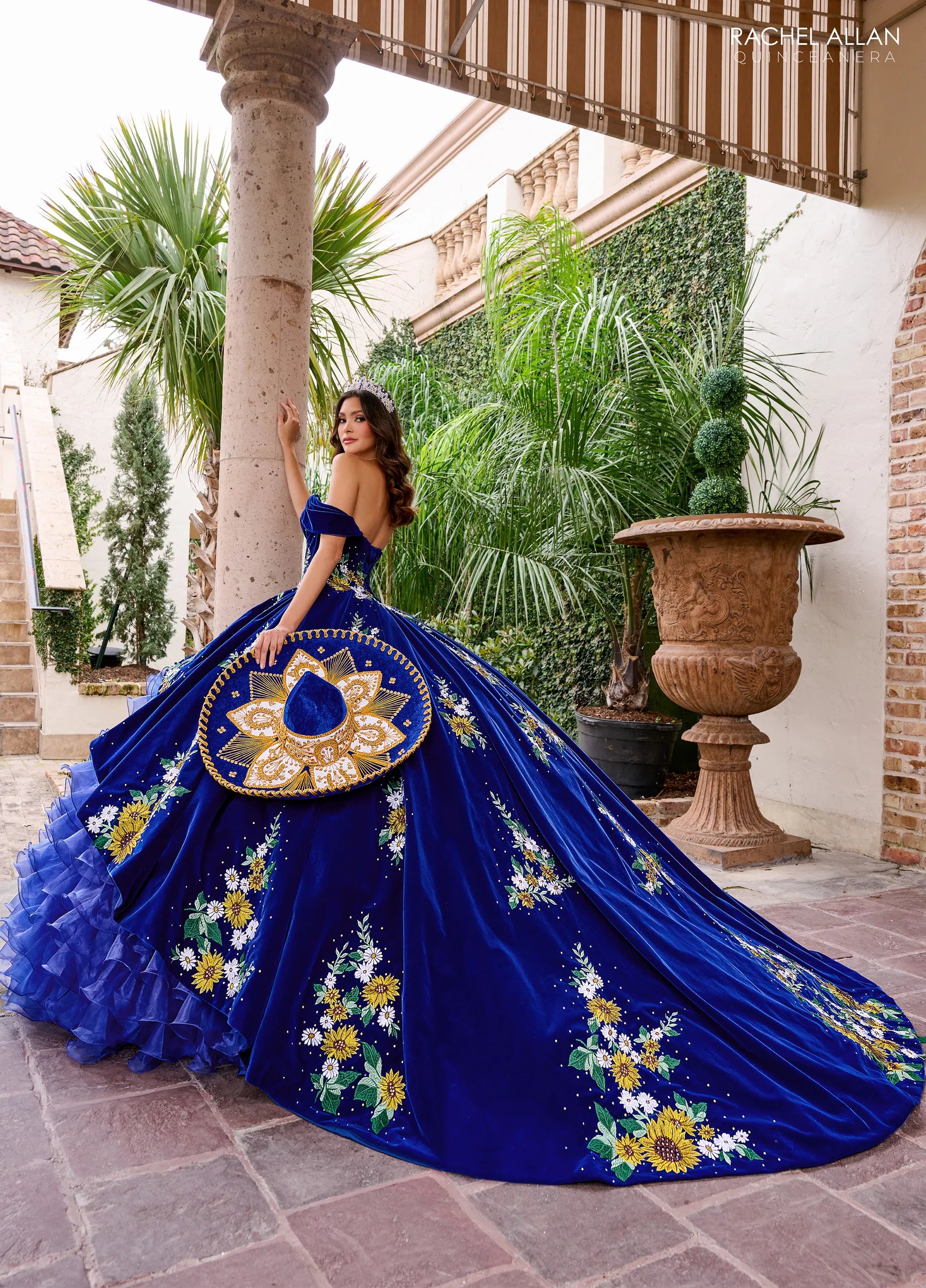 Royal Multi Off the Shoulder Floor Length Velvet Organza Quinceanera Ball Gown with Floral Appliques Rachel Allan RQ5005
