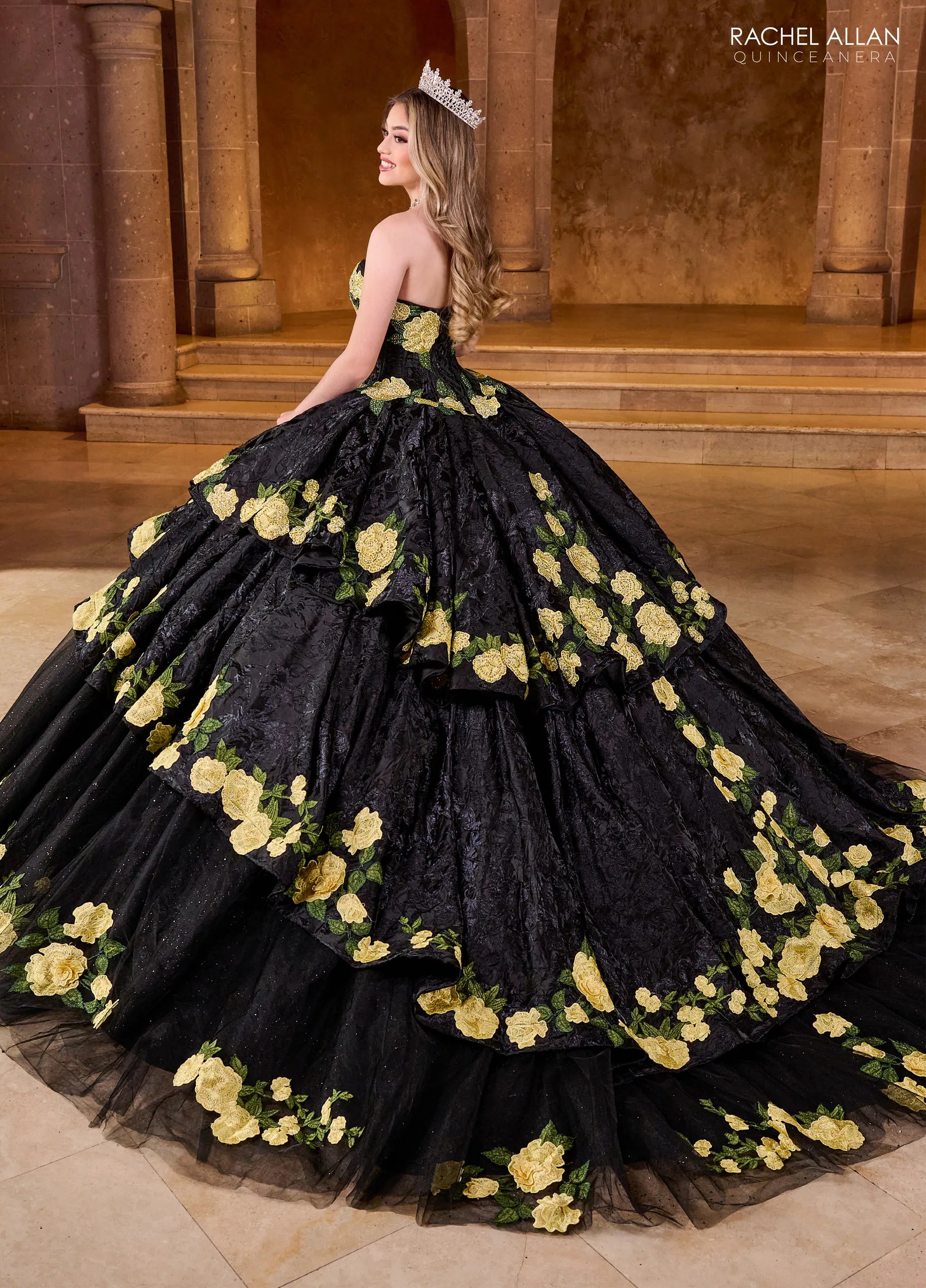 Black Yellow Sweetheart Floor Length Glitter Tulle Quinceanera Ball Gown with Embroidery\ Rachel Allan RQ5006