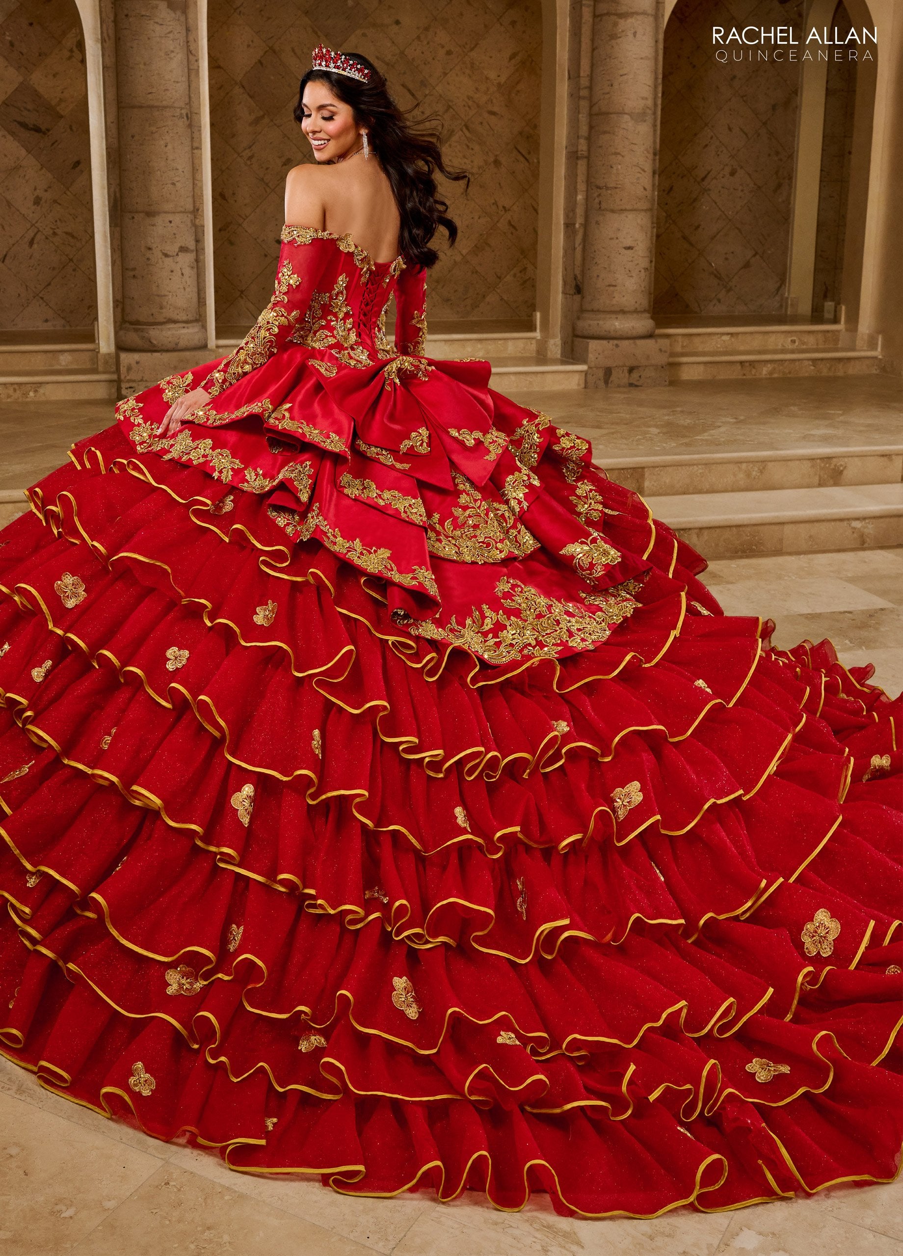 Quinceniera Dresses Long Ball Gown Ruffle Quinceanera Dress Red Gold
