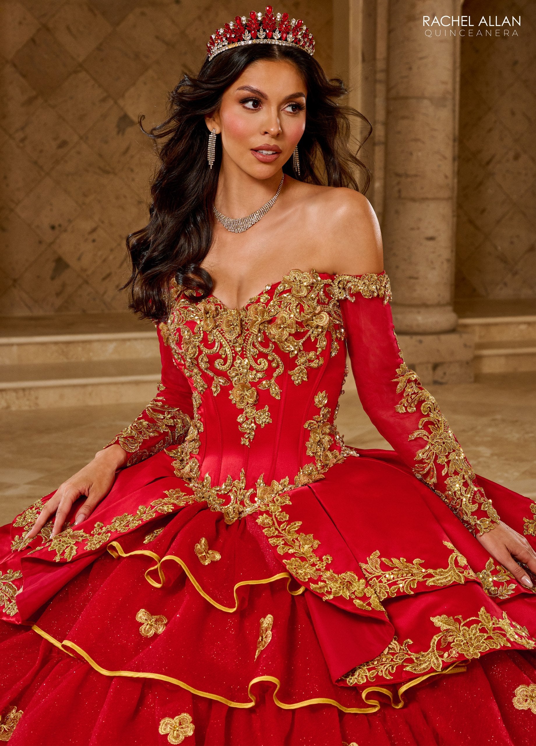 Quinceniera Dresses Long Ball Gown Ruffle Quinceanera Dress Red Gold