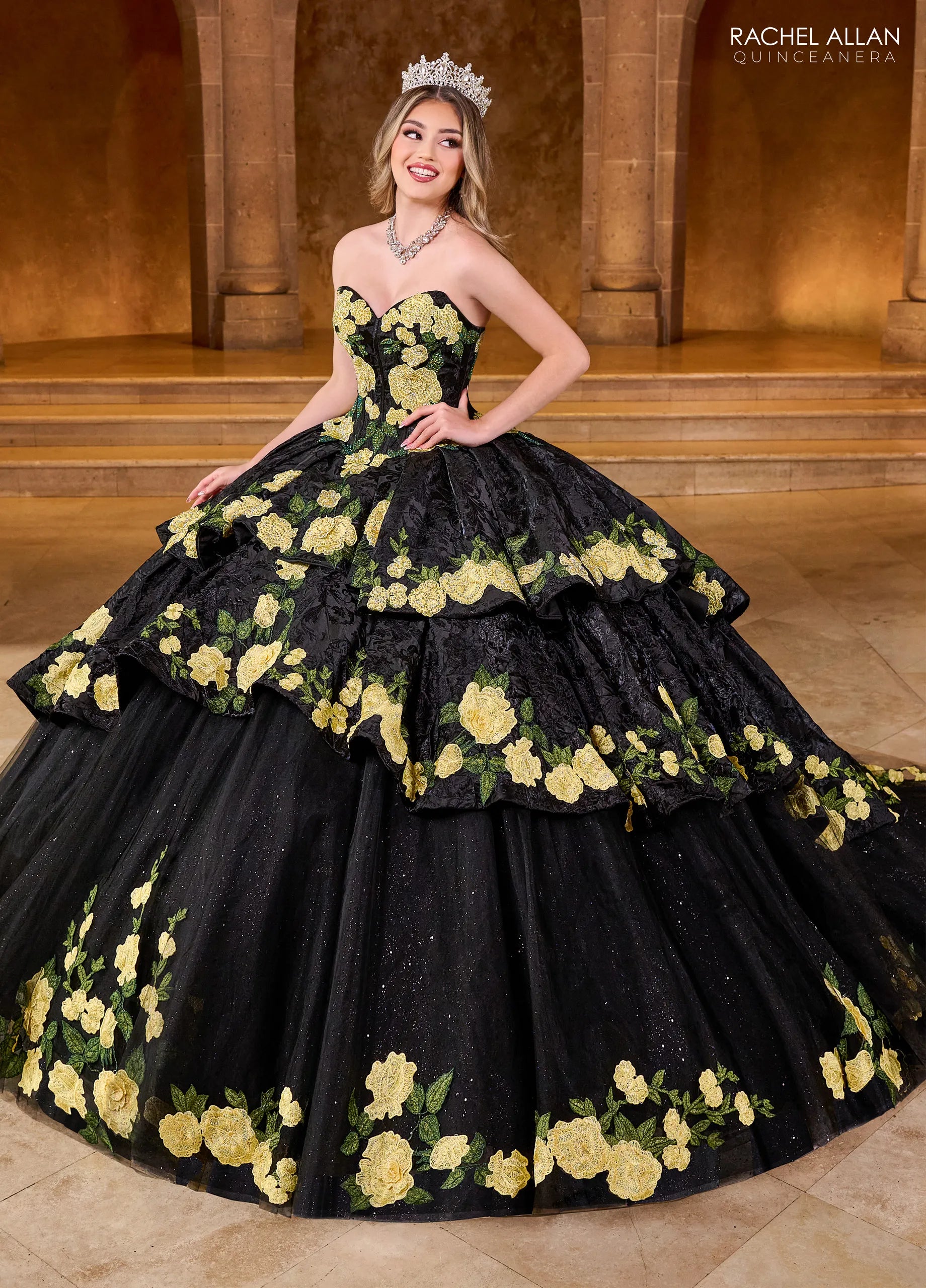 Black Yellow Sweetheart Floor Length Glitter Tulle Quinceanera Ball Gown with Embroidery\ Rachel Allan RQ5006