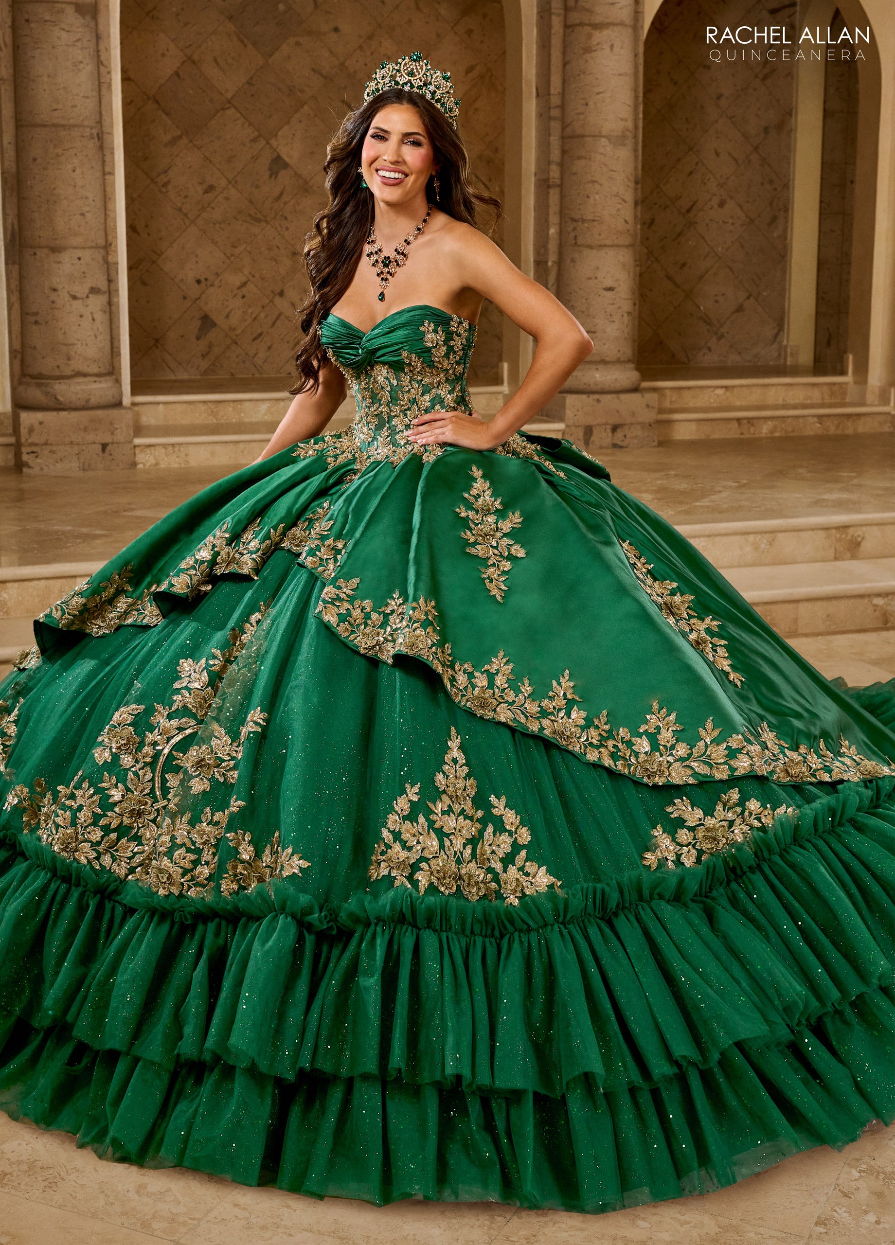 Quinceniera Dresses Glitter Ball Gown Long Quinceanera Dress Emerald Gold