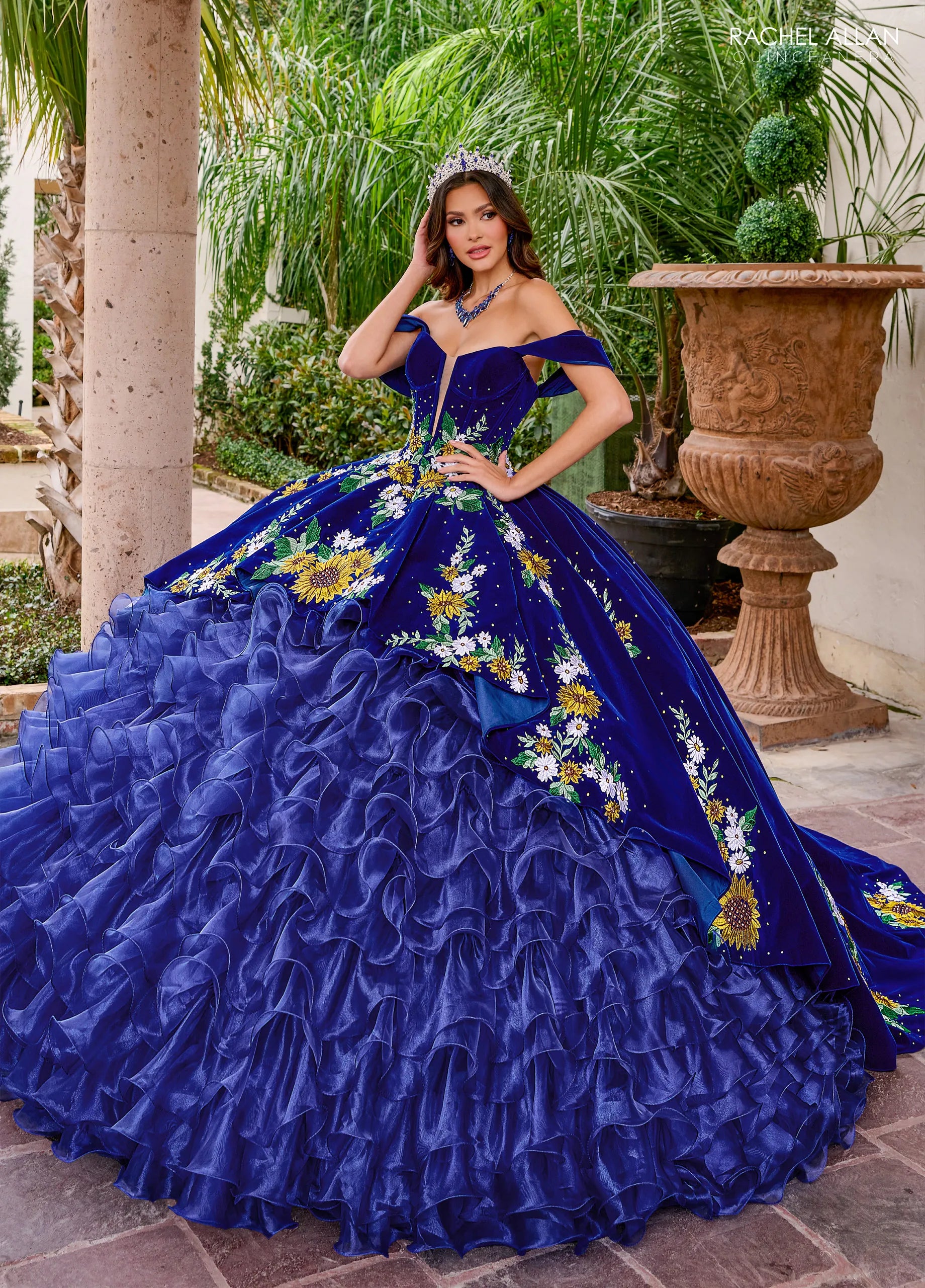 Royal Multi Off the Shoulder Floor Length Velvet Organza Quinceanera Ball Gown with Floral Appliques Rachel Allan RQ5005