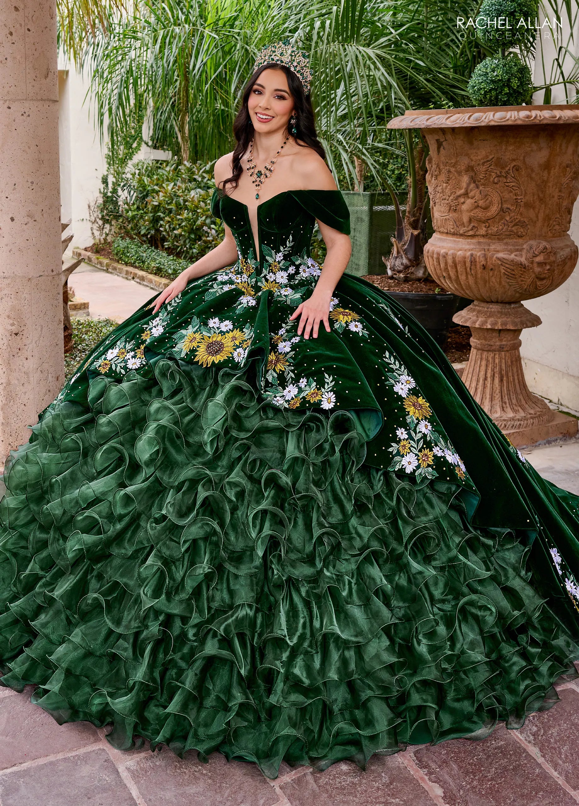 Emerald Multi Off the Shoulder Floor Length Velvet Organza Quinceanera Ball Gown with Floral Appliques Rachel Allan RQ5005