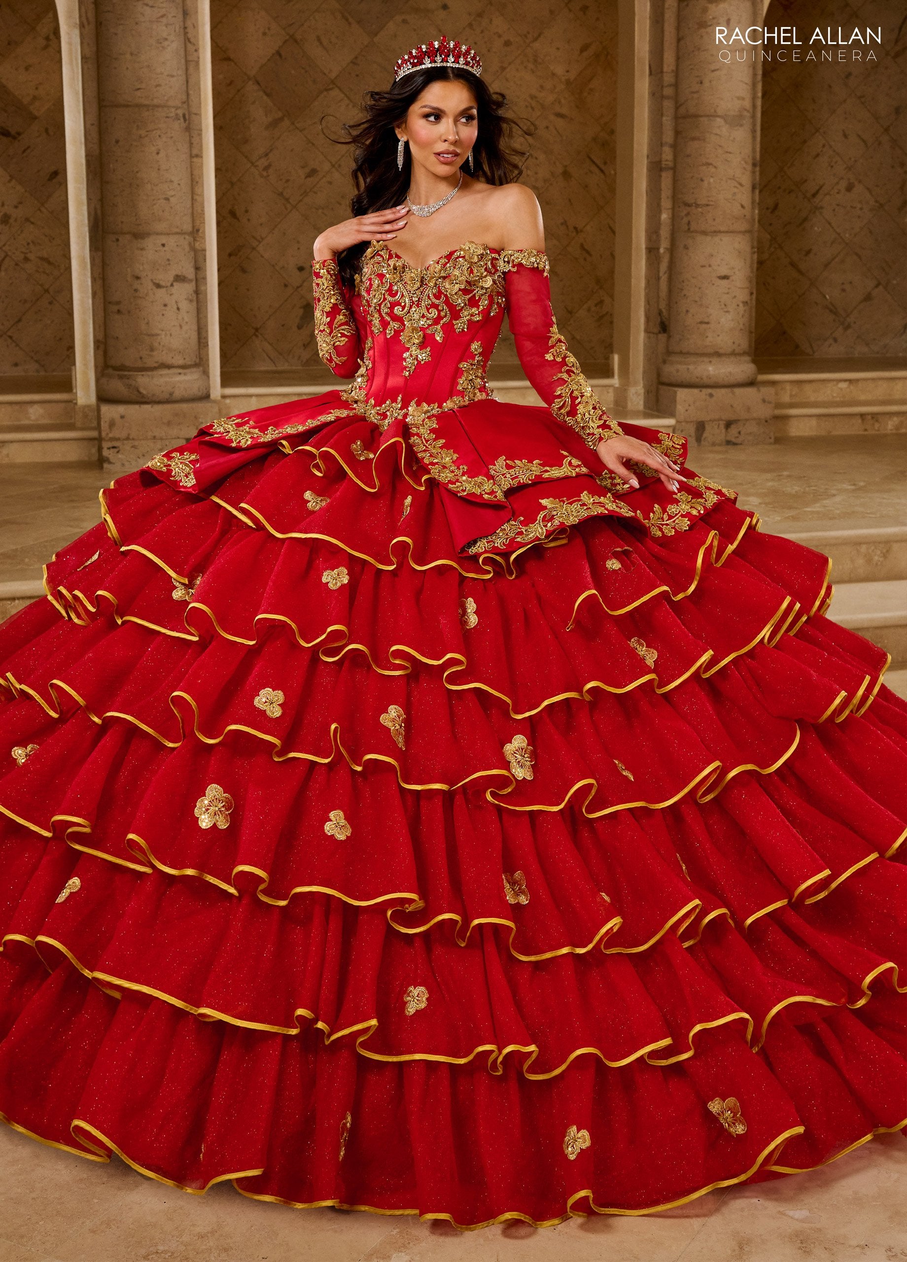 Quinceniera Dresses Long Ball Gown Ruffle Quinceanera Dress Red Gold