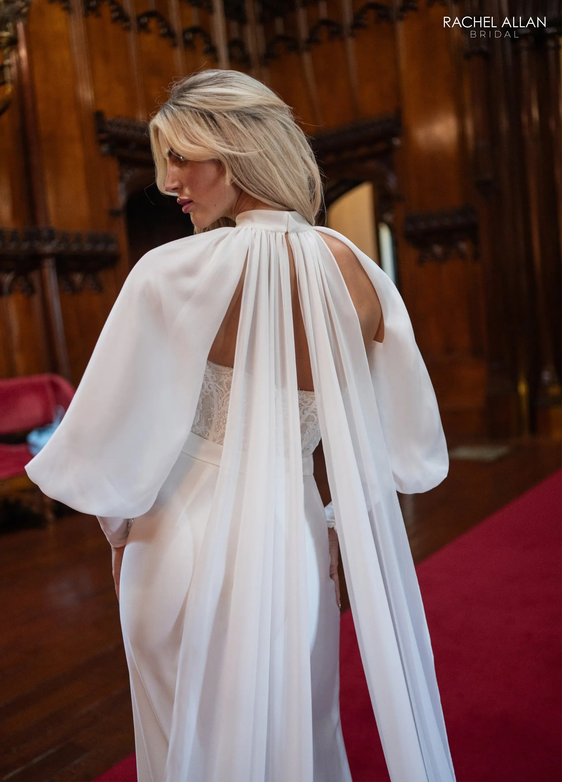 Ivory Nude Sweetheart Floor-Length Crepe Bridal Jumpsuit with Chiffon Cape Rachel Allan RB1019