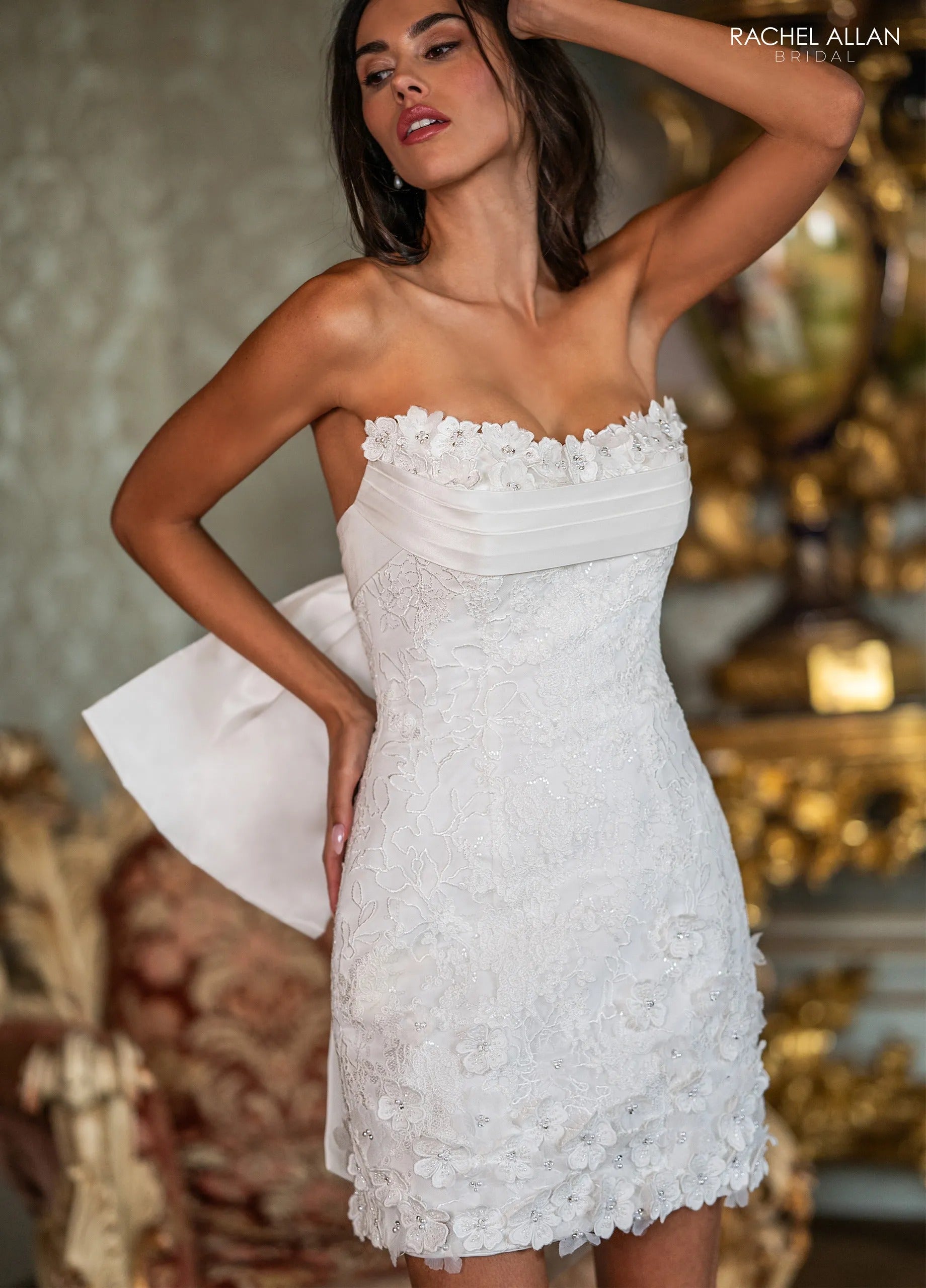 Ivory Strapless Mini Lace Bridal Dress with Oversized Back Bow Rachel Allan RB1014 Rachel Allan RB1014
