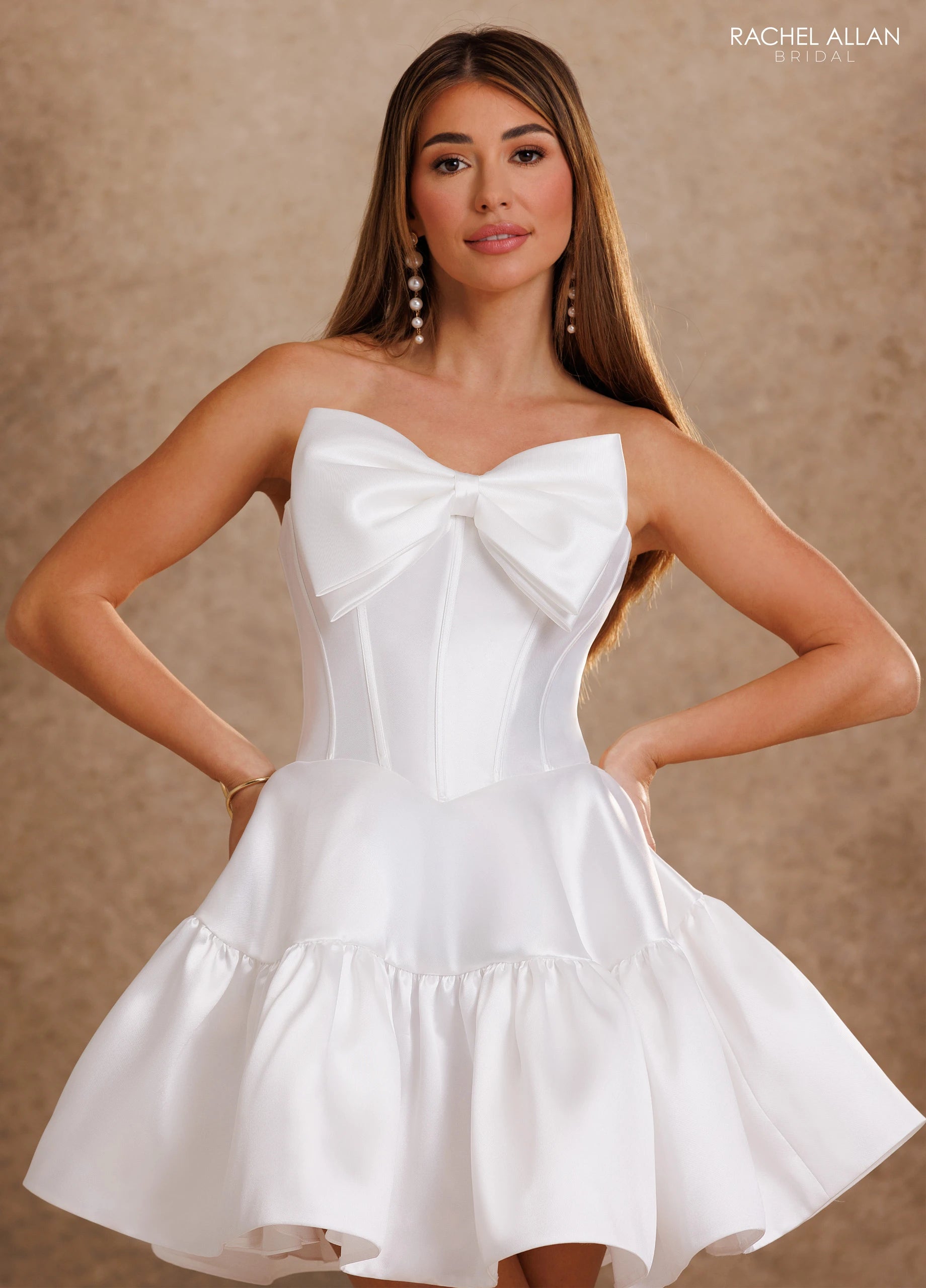 Strapless Straight Neck Mini/Short Satin Wedding Dress Fit & Flare Rachel Allan RB1025