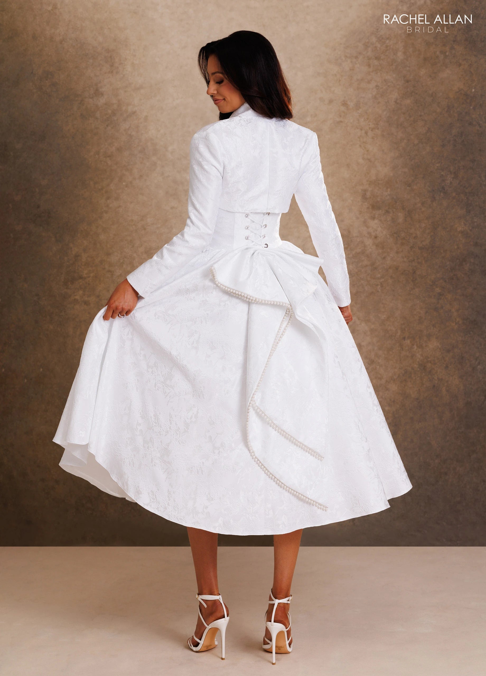 Strapless Curved Neck Tea-Length Mikado Wedding Dress A-Line Rachel Allan RB1021