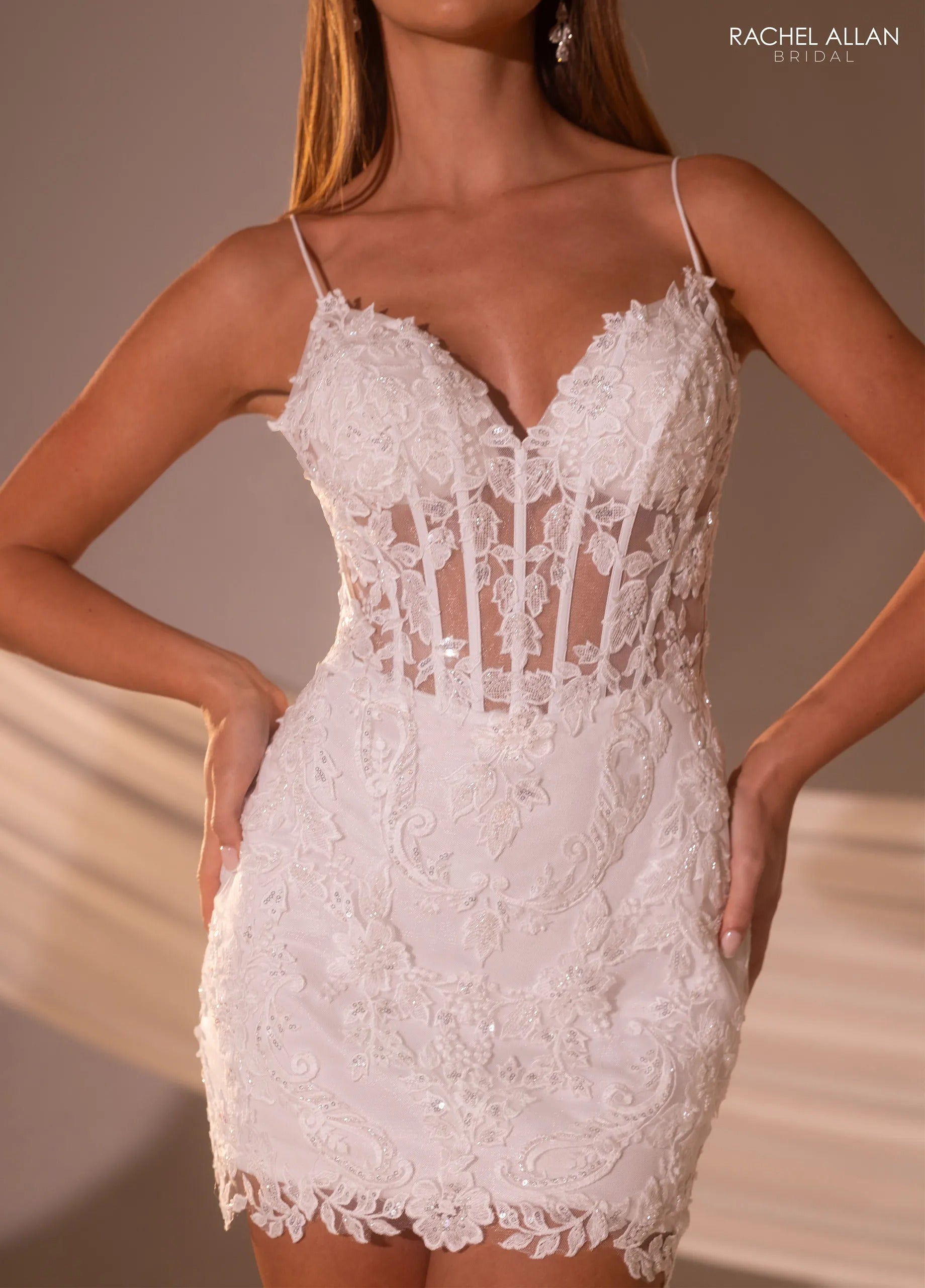 Ivory Sweetheart Mini Lace Wedding Dress with Corset Bodice and Illusion Detail Rachel Allan RB1007 Rachel Allan RB1007