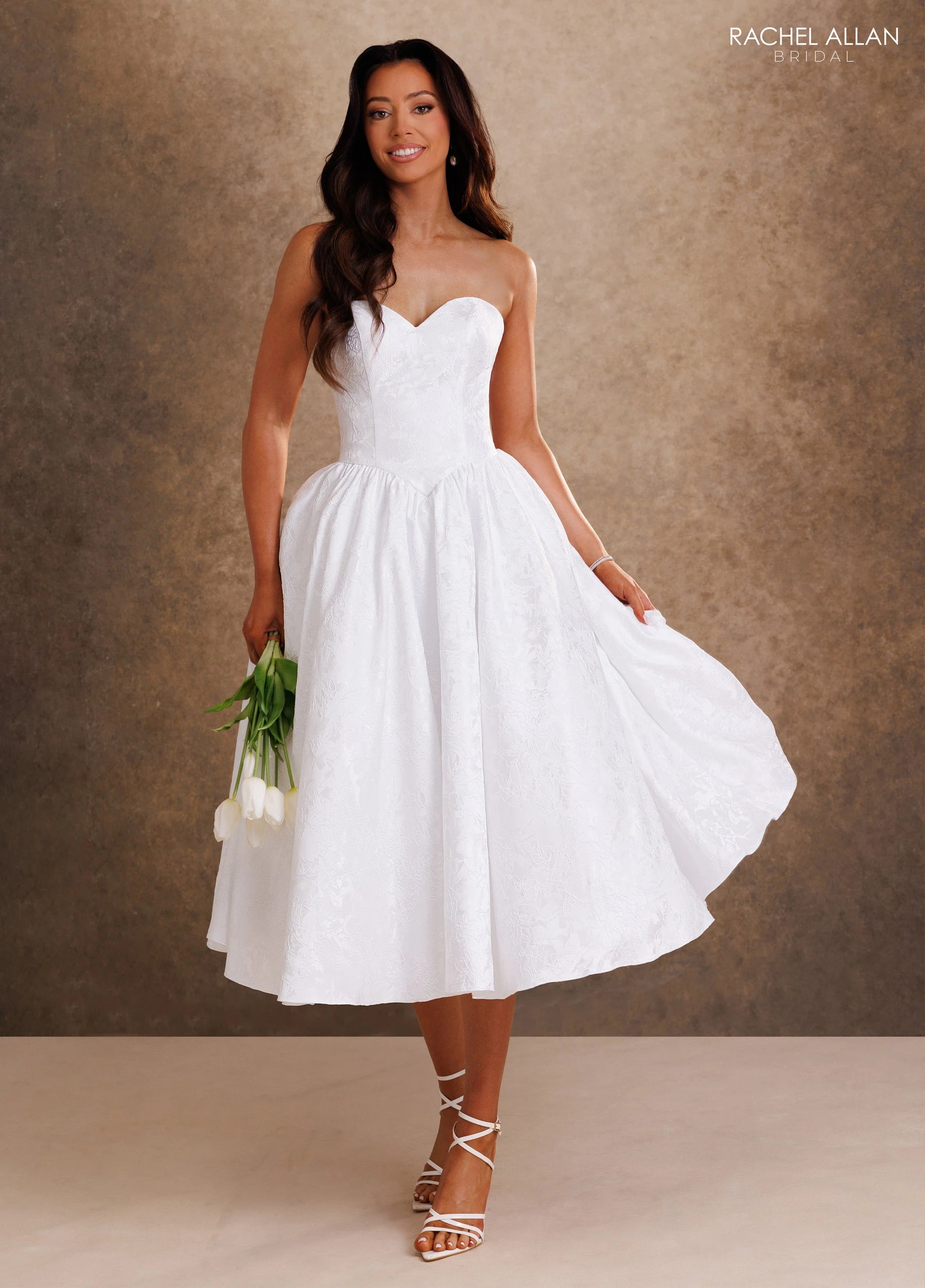 Strapless Curved Neck Tea-Length Mikado Wedding Dress A-Line Rachel Allan RB1021