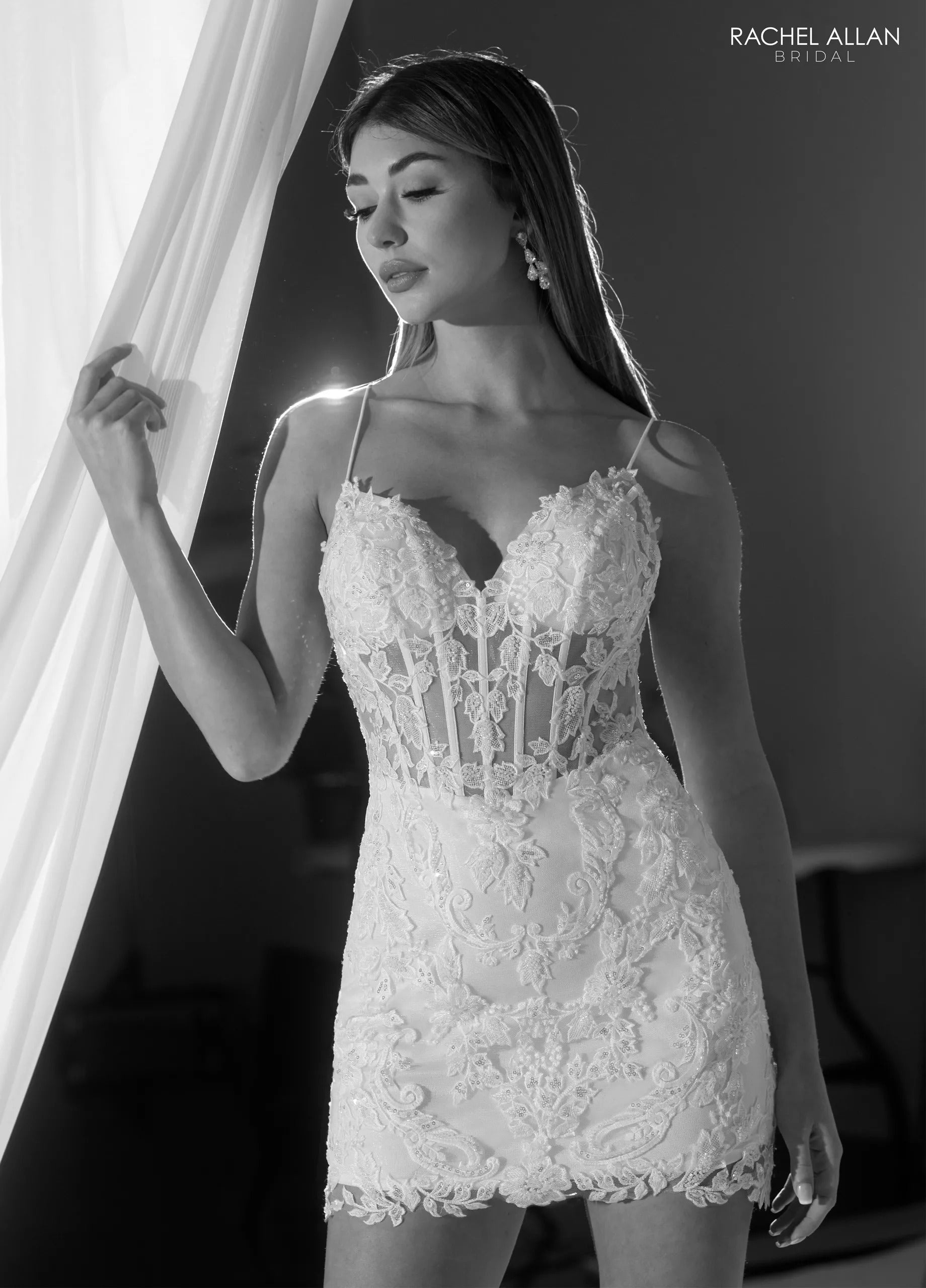 Ivory Sweetheart Mini Lace Wedding Dress with Corset Bodice and Illusion Detail Rachel Allan RB1007 Rachel Allan RB1007