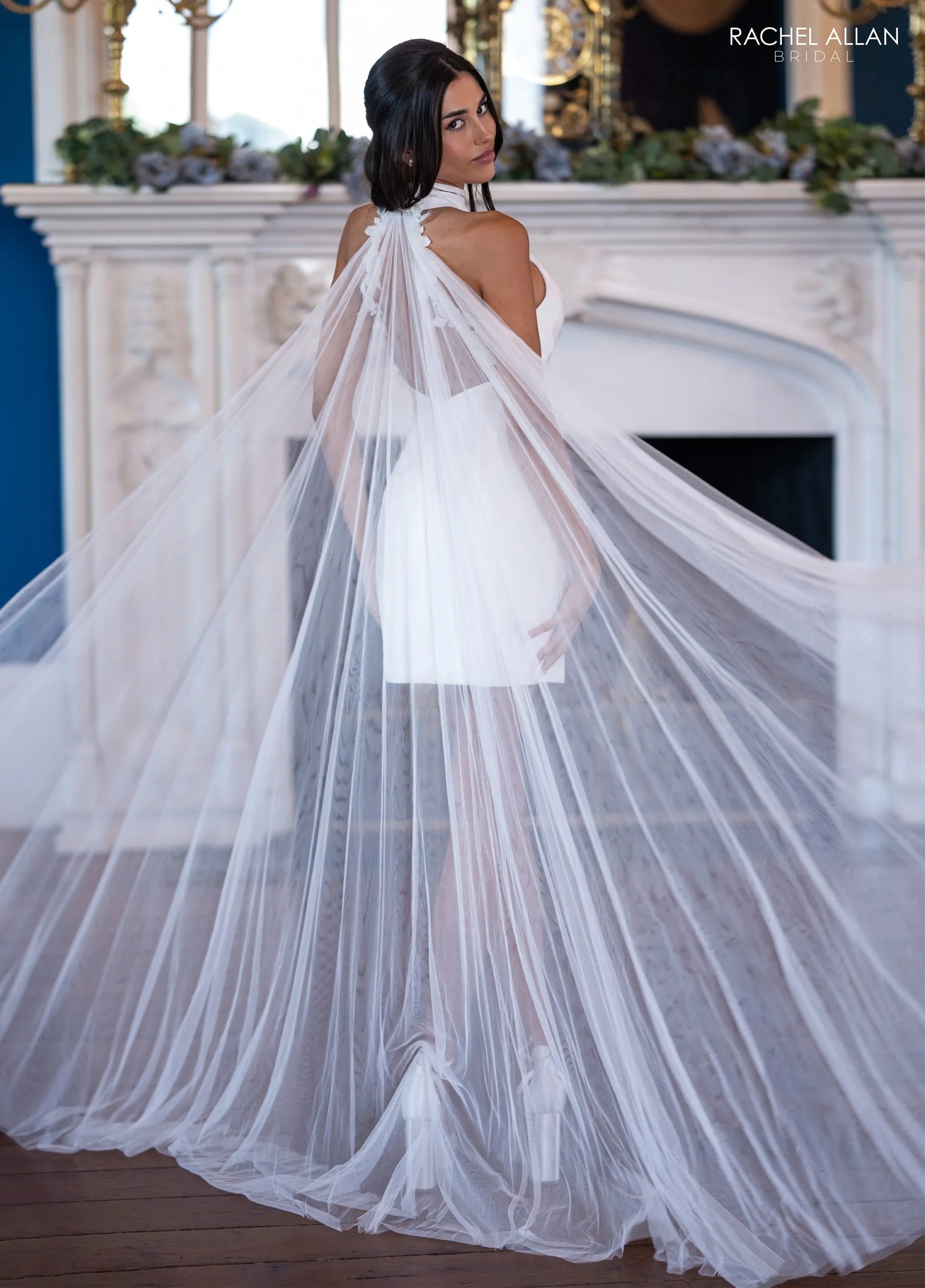 Ivory Halter High-Neck Mini Satin Bridal Dress with Tulle Cape Train Rachel Allan RB1012 Rachel Allan RB1012