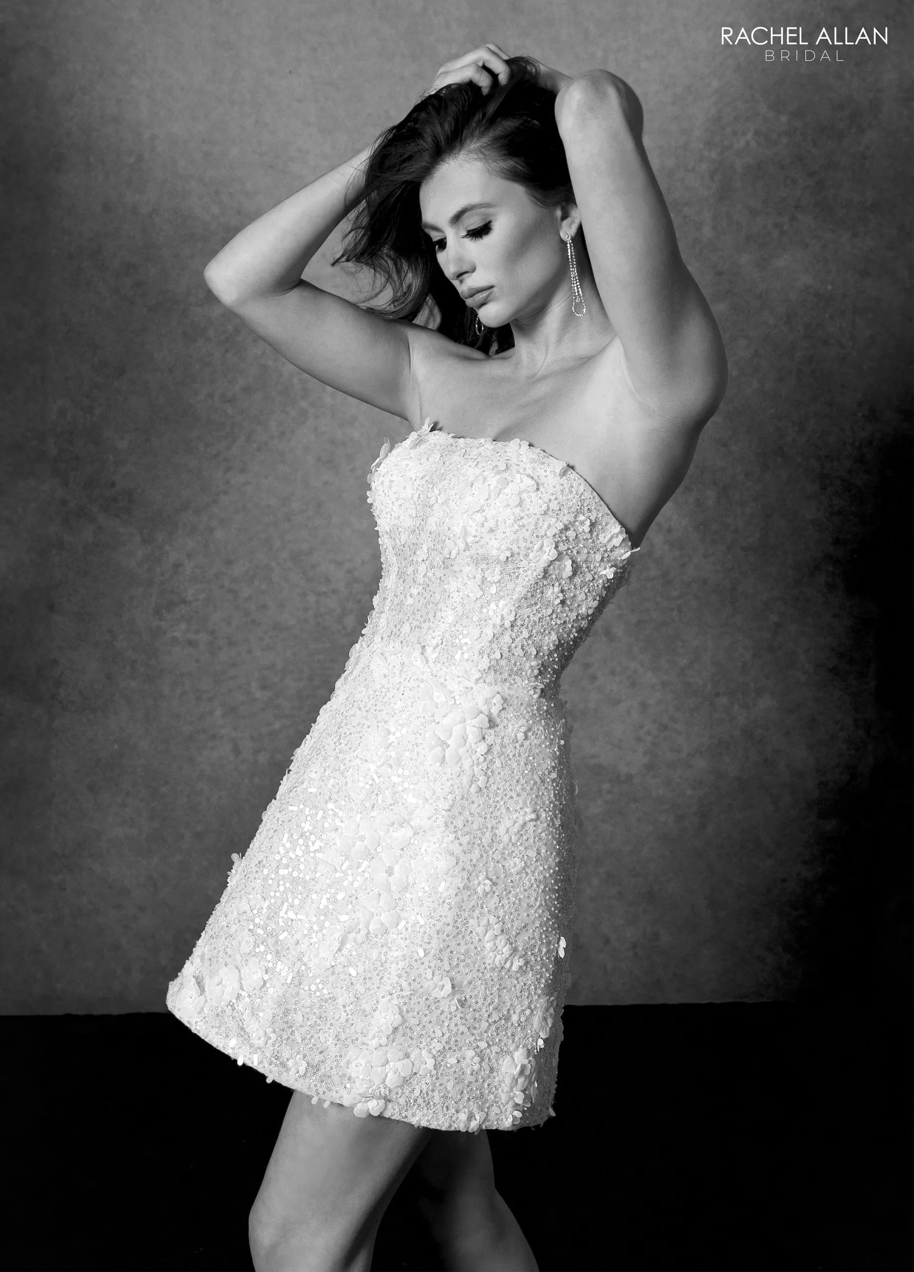 Champagne Strapless Mini Beaded Tulle Cocktail Dress with 3D Floral Applique Rachel Allan RB1000