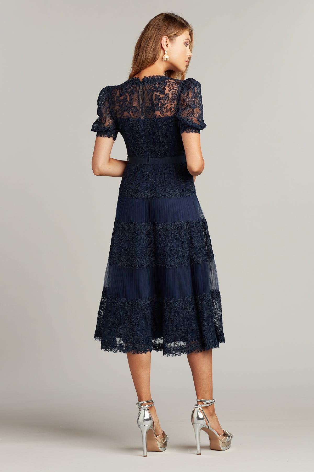 Cocktail Dresses Pleated Floral Lace Midi Cocktail Dress Royal Navy