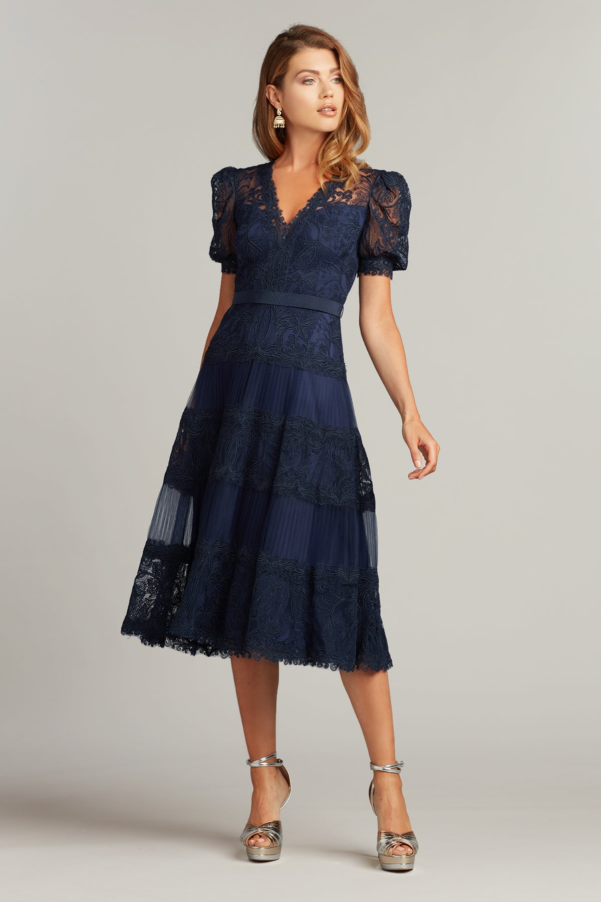 Cocktail Dresses Pleated Floral Lace Midi Cocktail Dress Royal Navy