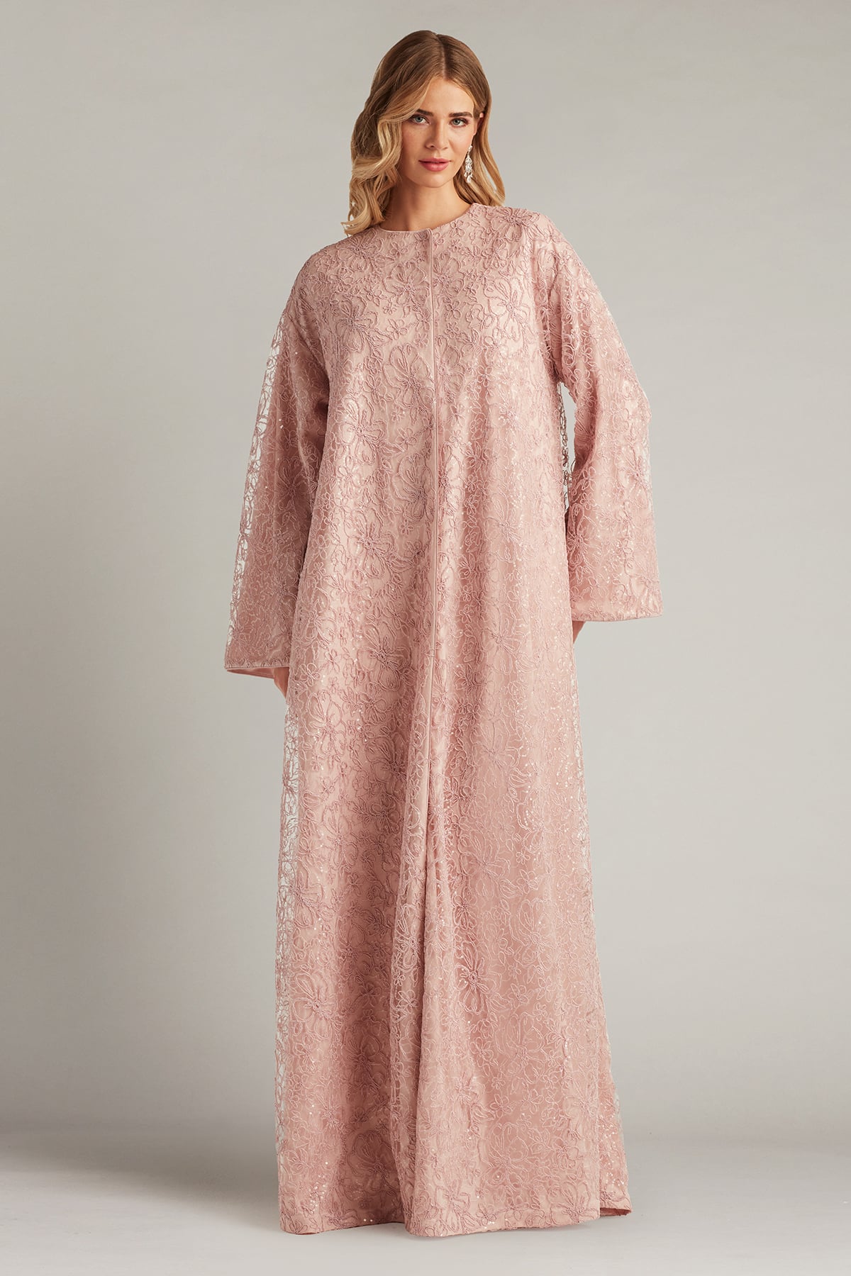 Blush Crew Neck Floor-Length Embroidered Lace Mother of the Bride Caftan Gown Tadashi Shoji BUR18269L