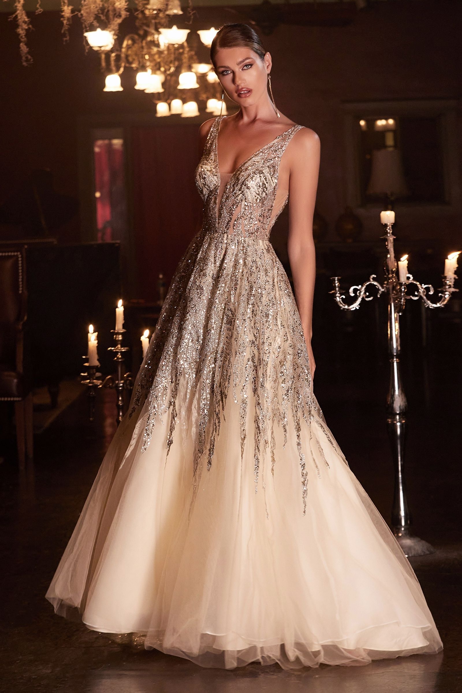 LaDivine C135 Formal Glitter Long Prom Dress in Champagne