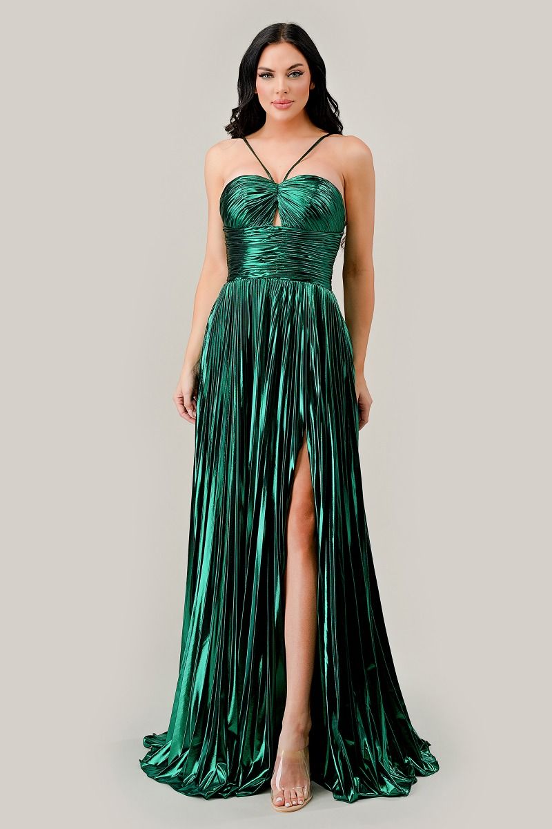 Prom Dresses Pleated Halter Metallic Formal Prom Long Dress Emerald