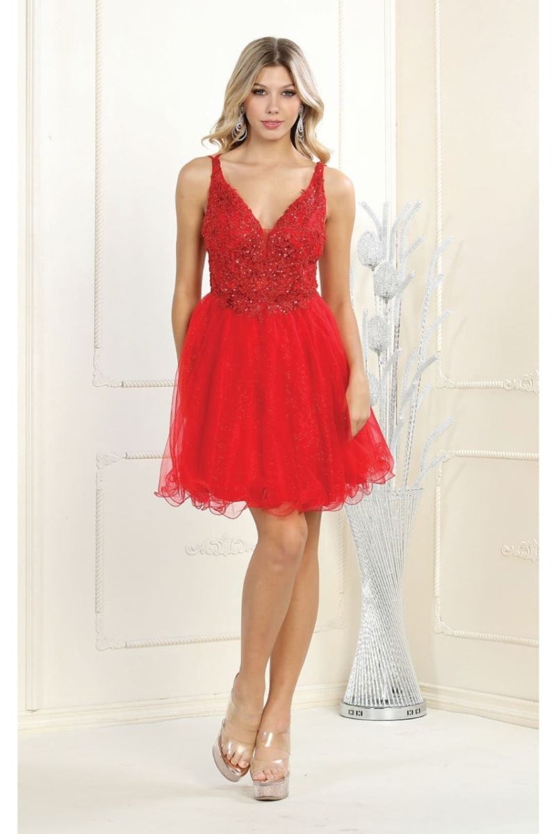 Red V-Neck Short Tulle Cocktail Lace Dress May Queen MQ1913