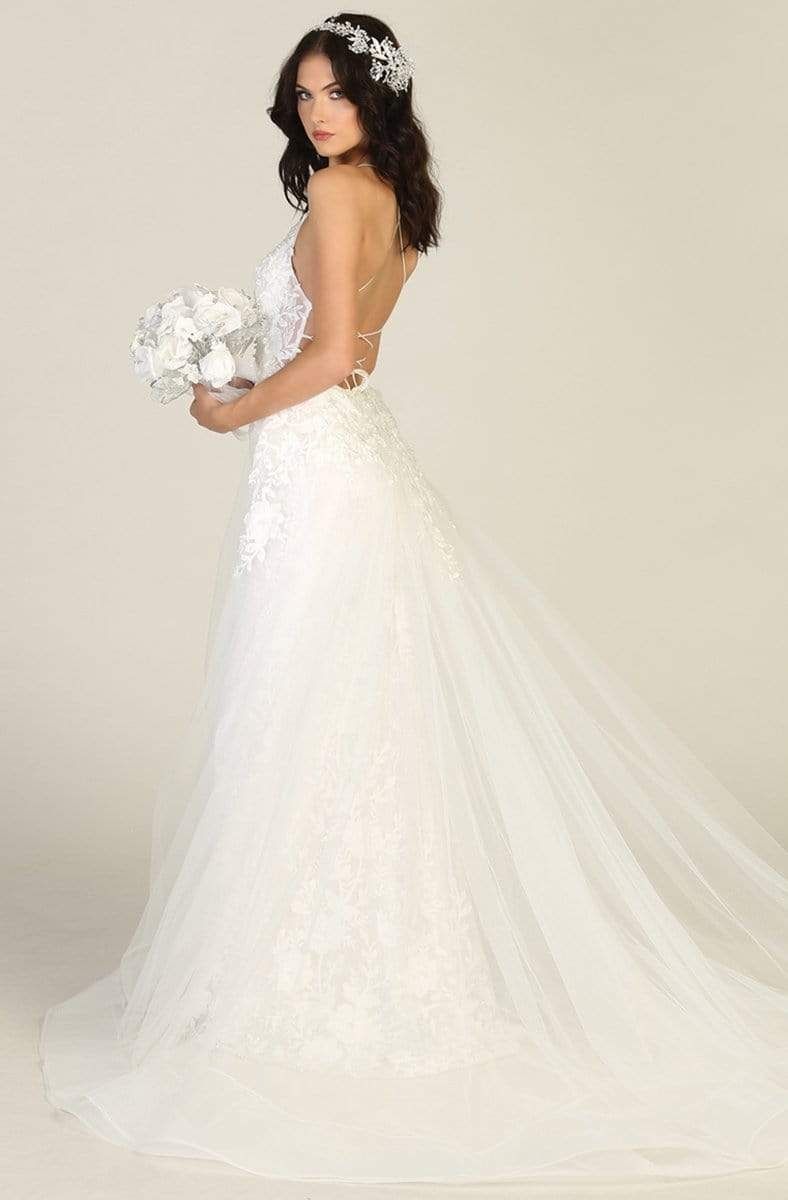 Ivory V-Neck Long Lace Sheath Bridal Dress Overskirt May Queen RQ7823