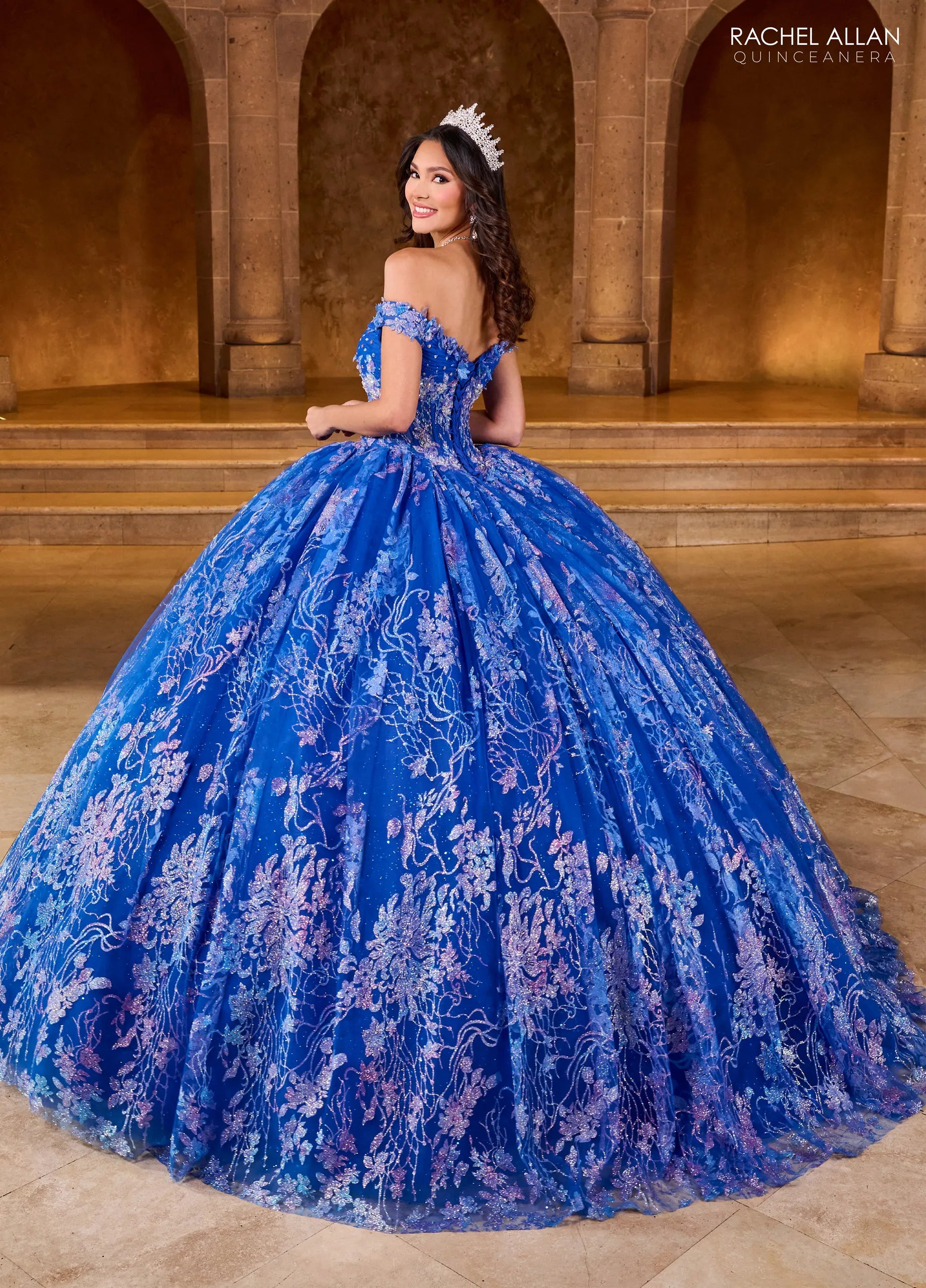 Royal Multi Off the Shoulder Floor Length Glitter Tulle Quinceanera Ball Gown Rachel Allan RQ1146