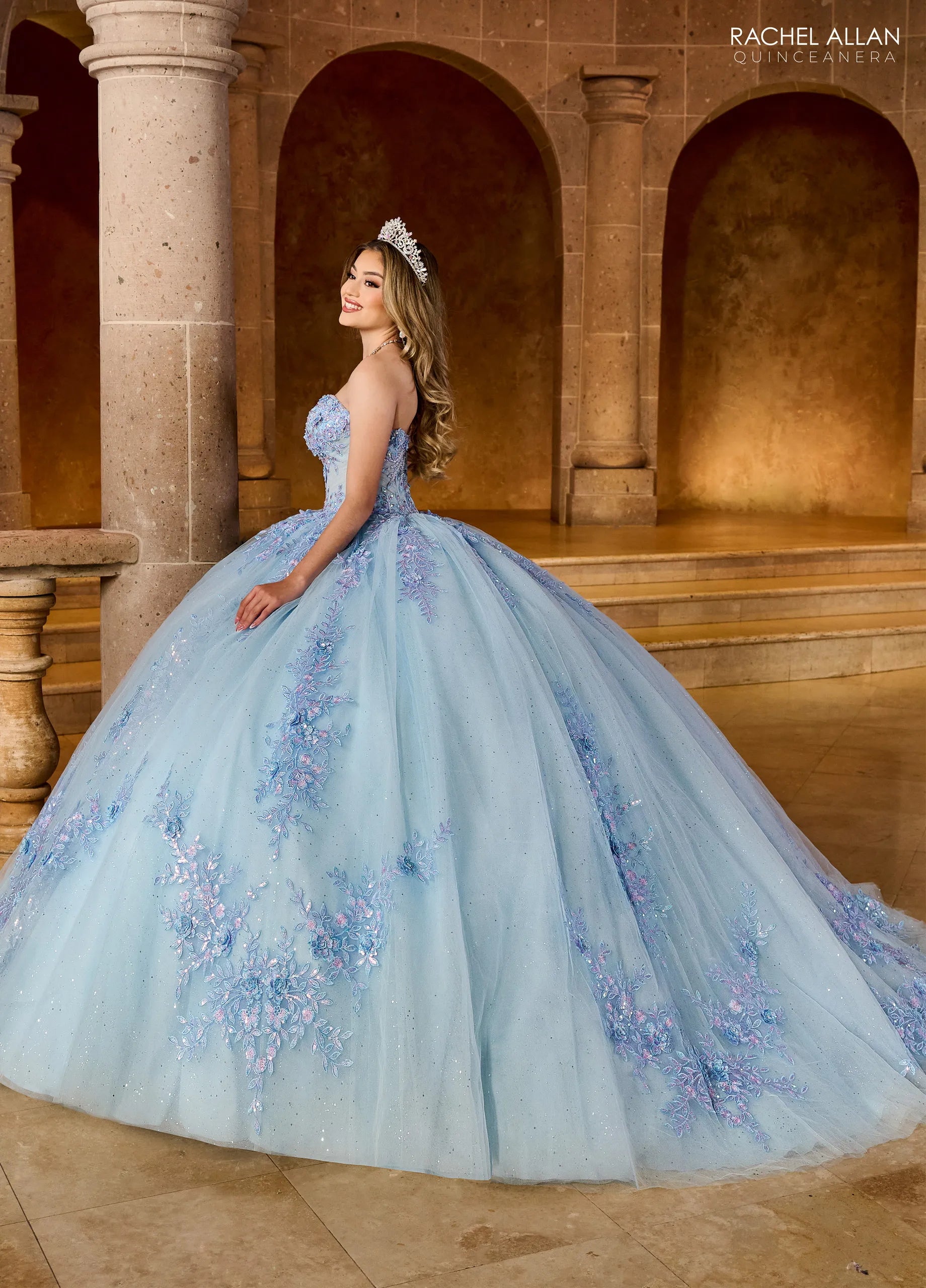 Light Blue Multi Sweetheart Floor Length Tulle Quinceanera Ball Gown with Floral Applique Rachel Allan RQ1148