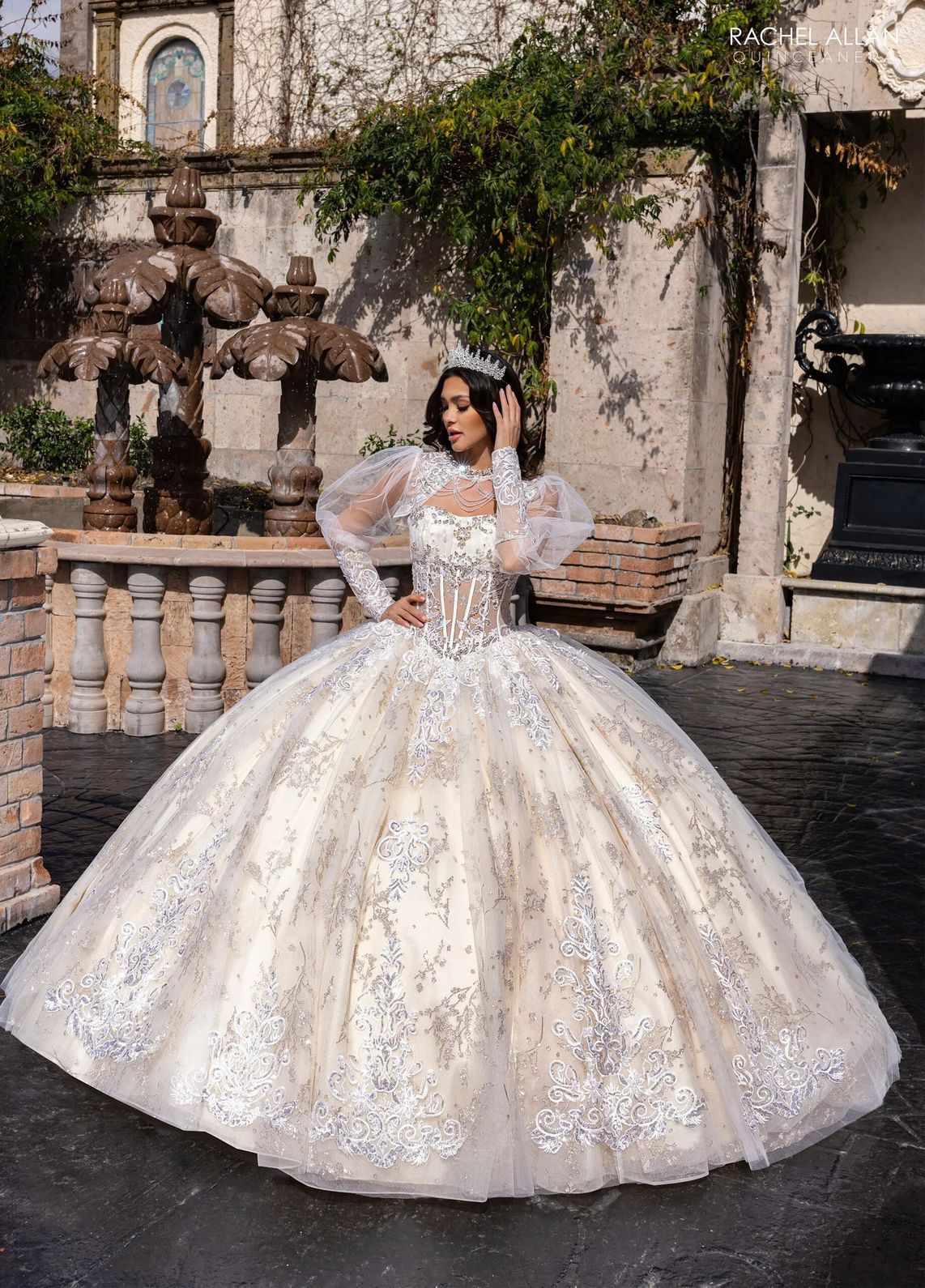 Ivory Champagne High Neck Floor Length Glitter Tulle Quinceanera Ball Gown with Detachable Sleeves Rachel Allan RQ1172