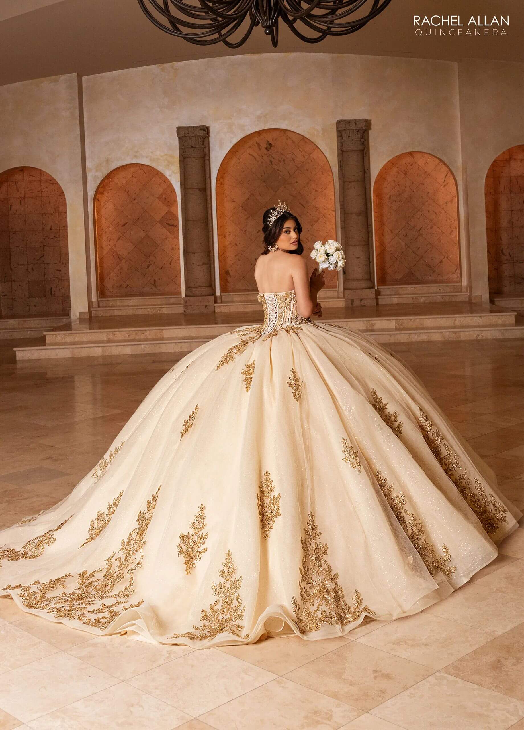 Champagne Gold One Shoulder Floor Length Glitter Tulle Quinceanera Ball Gown with Peplum Overskirt Rachel Allan RQ1186