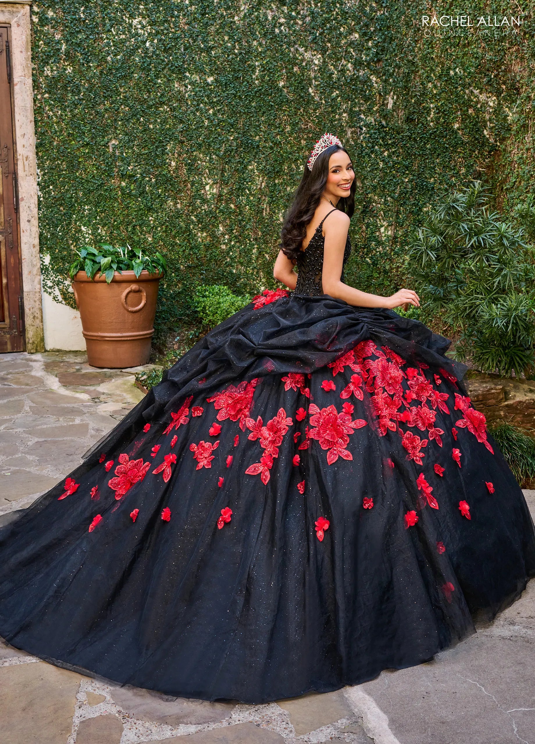 Black Red Sweetheart Floor Length Tulle Quinceanera Ball Gown with Floral Applique Cape Rachel Allan RQ1144