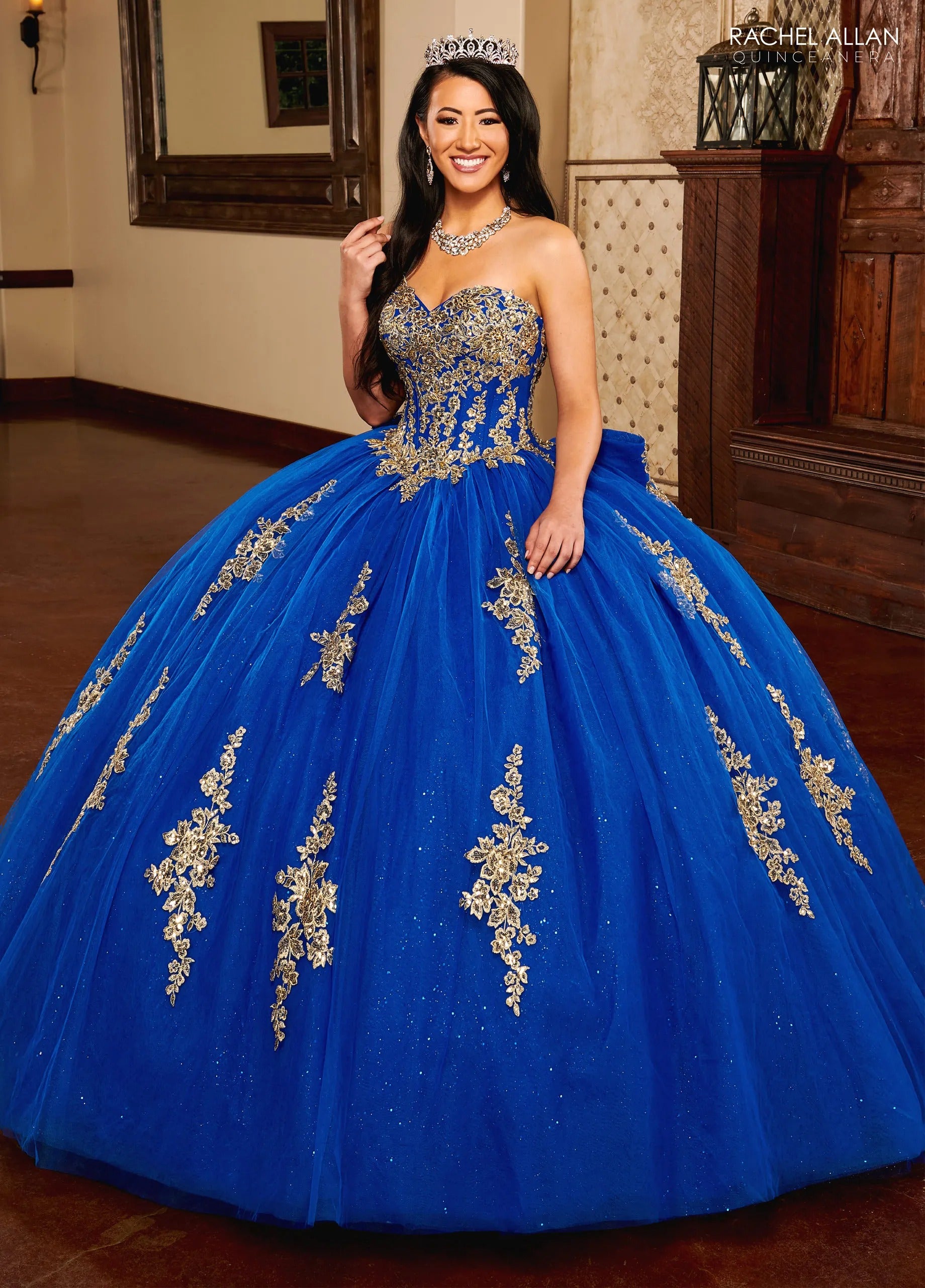 Royal Gold Sweetheart Floor Length Glitter Tulle Quinceanera Ball Gown with Corset Back Rachel Allan MQ1109
