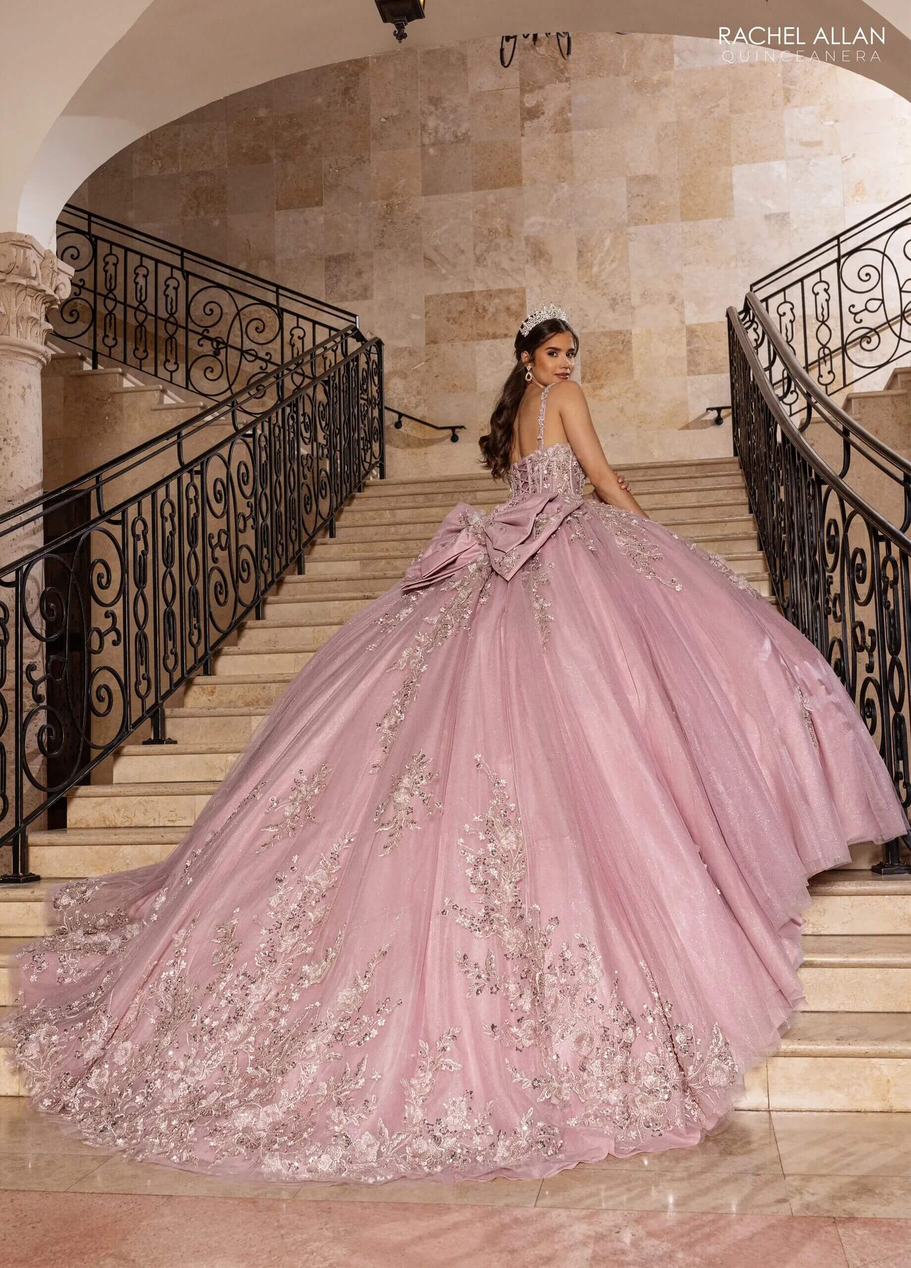 Rose Sweetheart Floor Length Glitter Tulle Quinceanera Ball Gown with Beaded Fringe Straps Rachel Allan RQ1182