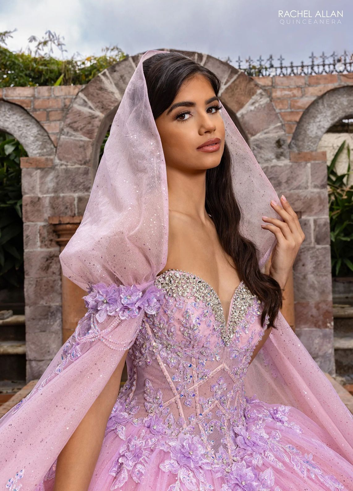 Lilac Pink Sweetheart Floor Length Glitter Tulle Quinceanera Ball Gown with Floral Applique Rachel Allan RQ1166