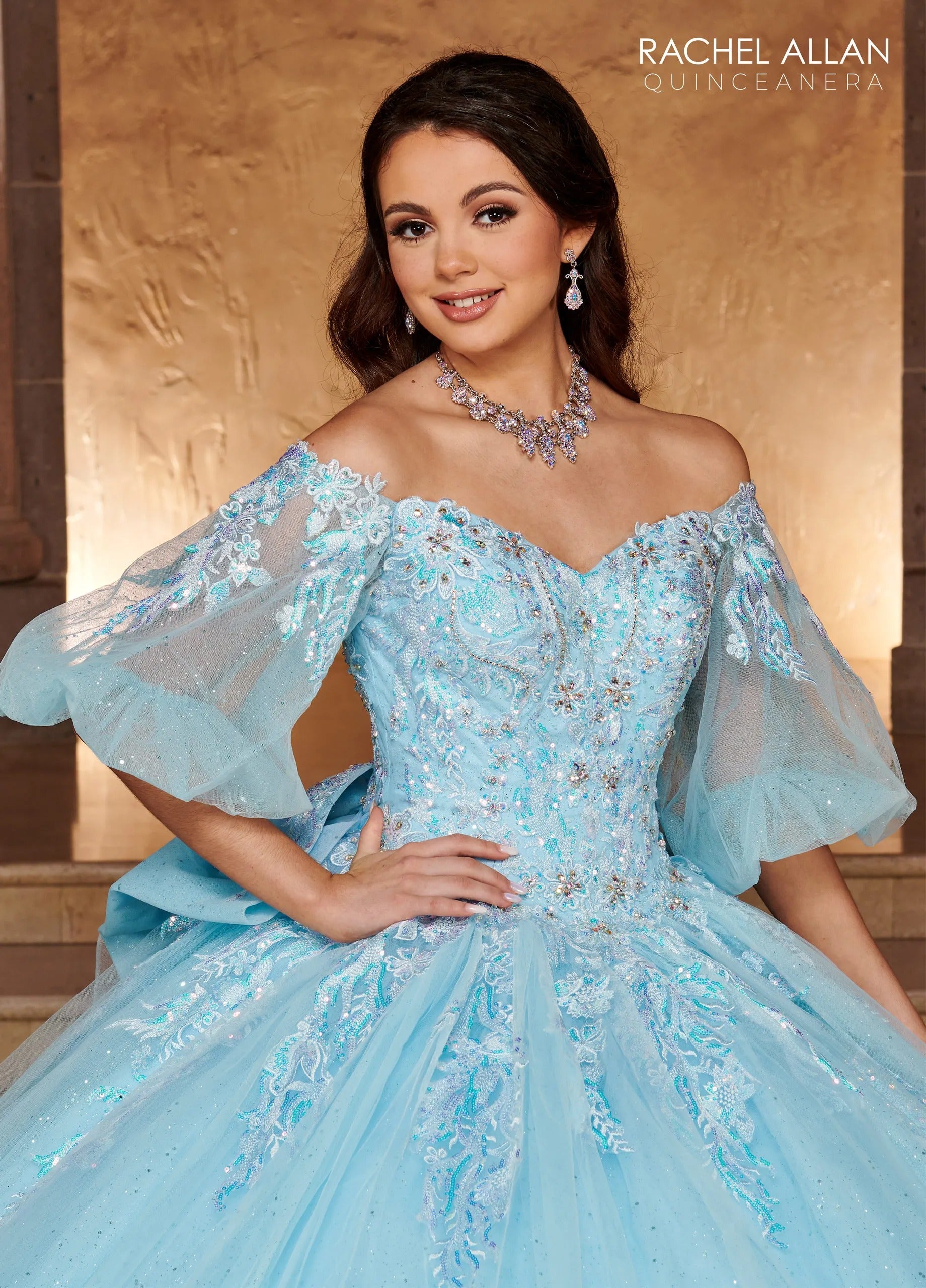 Light Blue Off the Shoulder Floor Length Glitter Tulle Quinceanera Ball Gown with Puff Sleeves Rachel Allan RQ1110