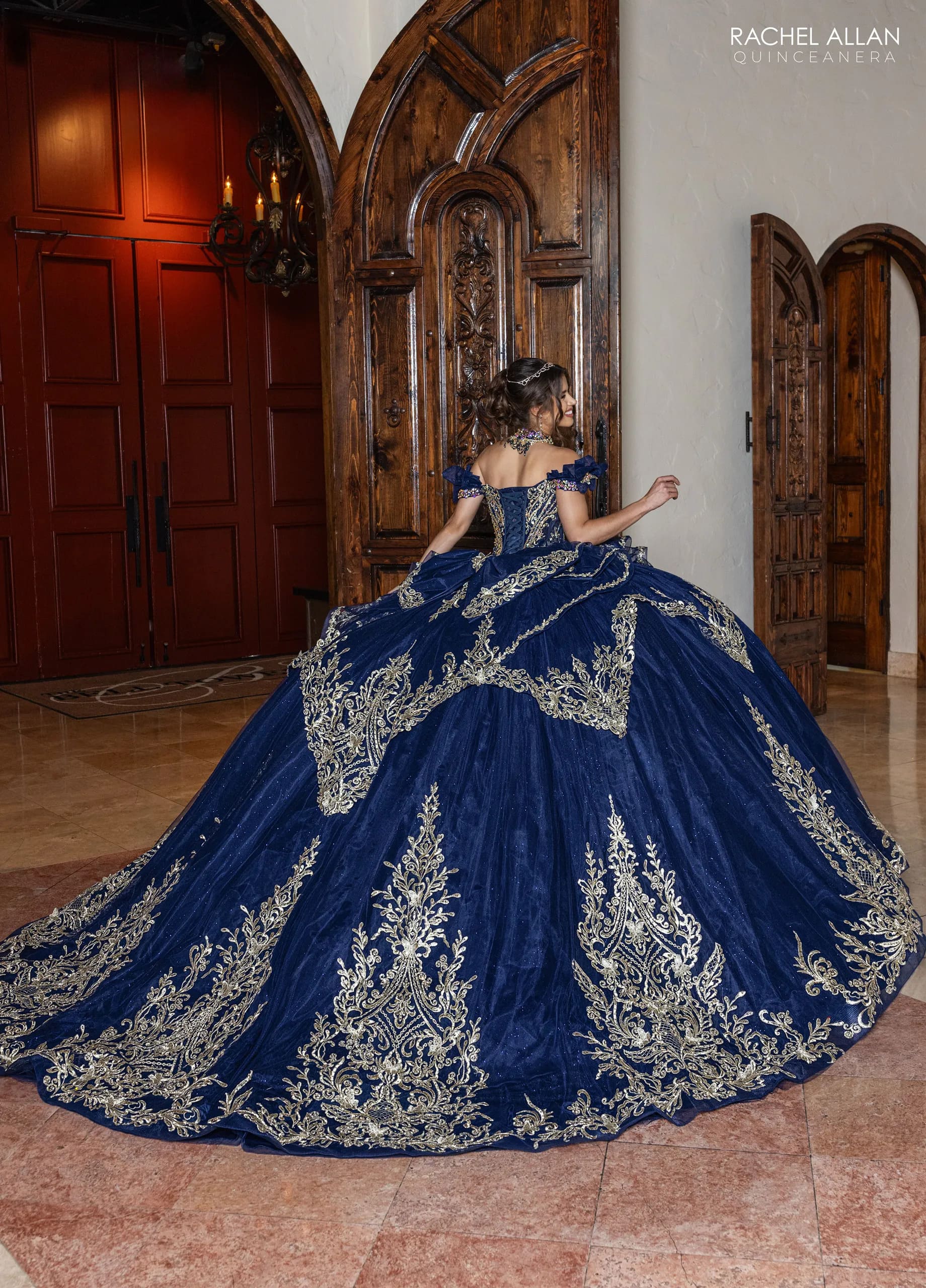 Navy Gold Off the Shoulder Floor-Length Glitter Tulle Quinceanera Ball-Gown with Detachable Bow Rachel Allan RQ1180