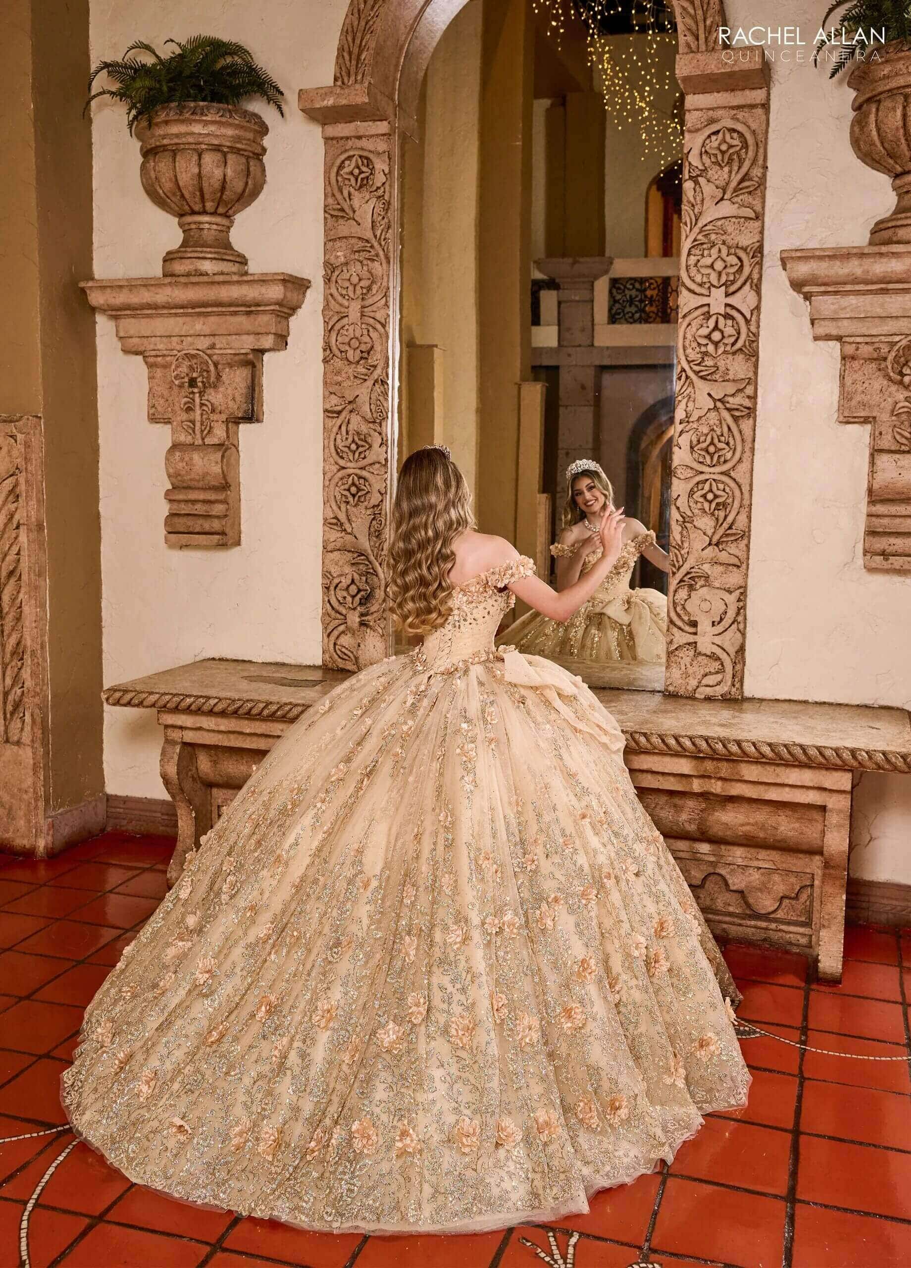 Champagne Gold Off the Shoulder Floor Length Tulle Quinceanera Ball Gown with Floral Appliqué Rachel Allan RQ1141
