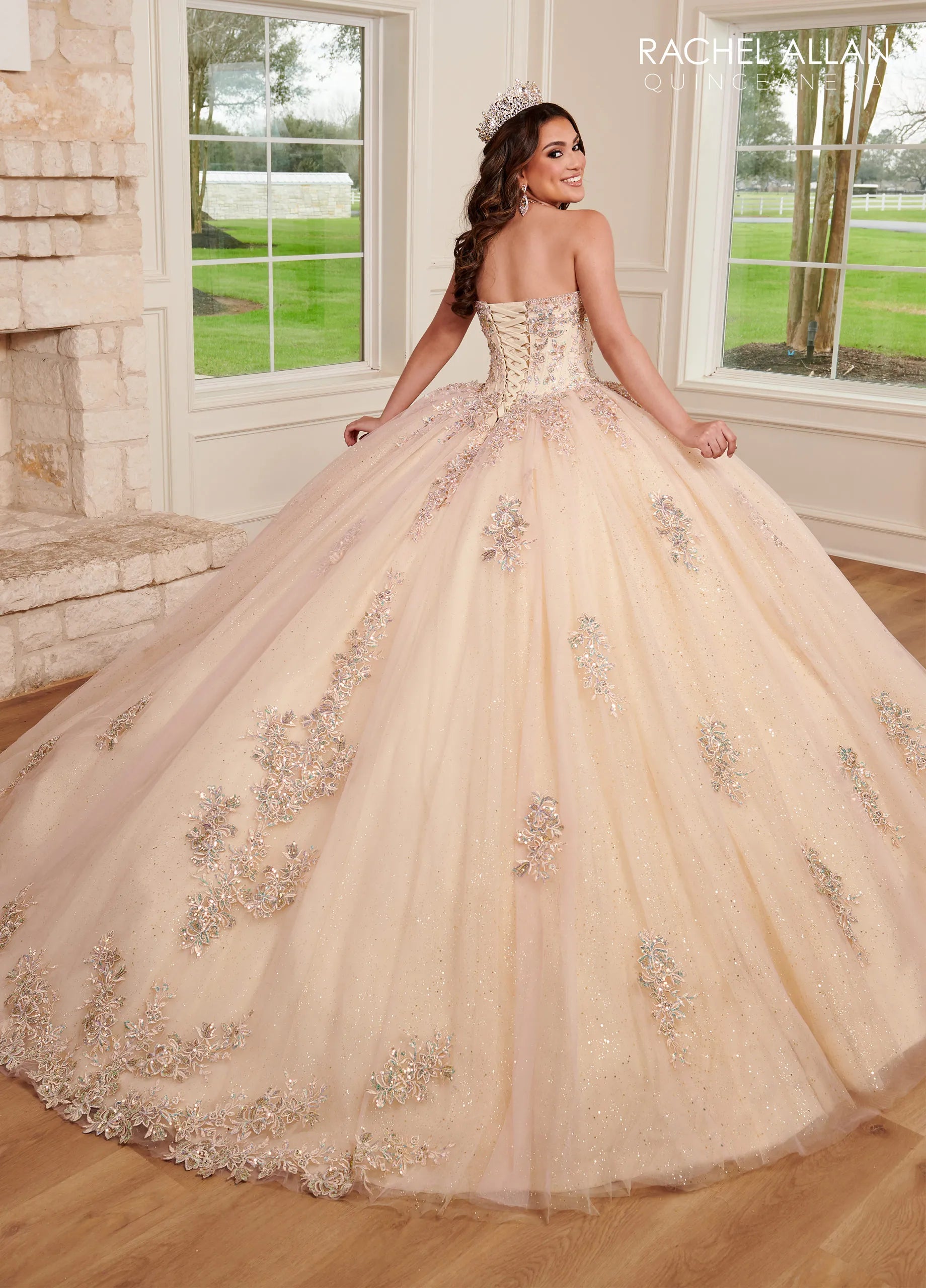Blush Champagne Sweetheart Floor-Length Glitter Tulle Quinceanera Ball Gown with Detachable Bell Sleeves Rachel Allan RQ1120