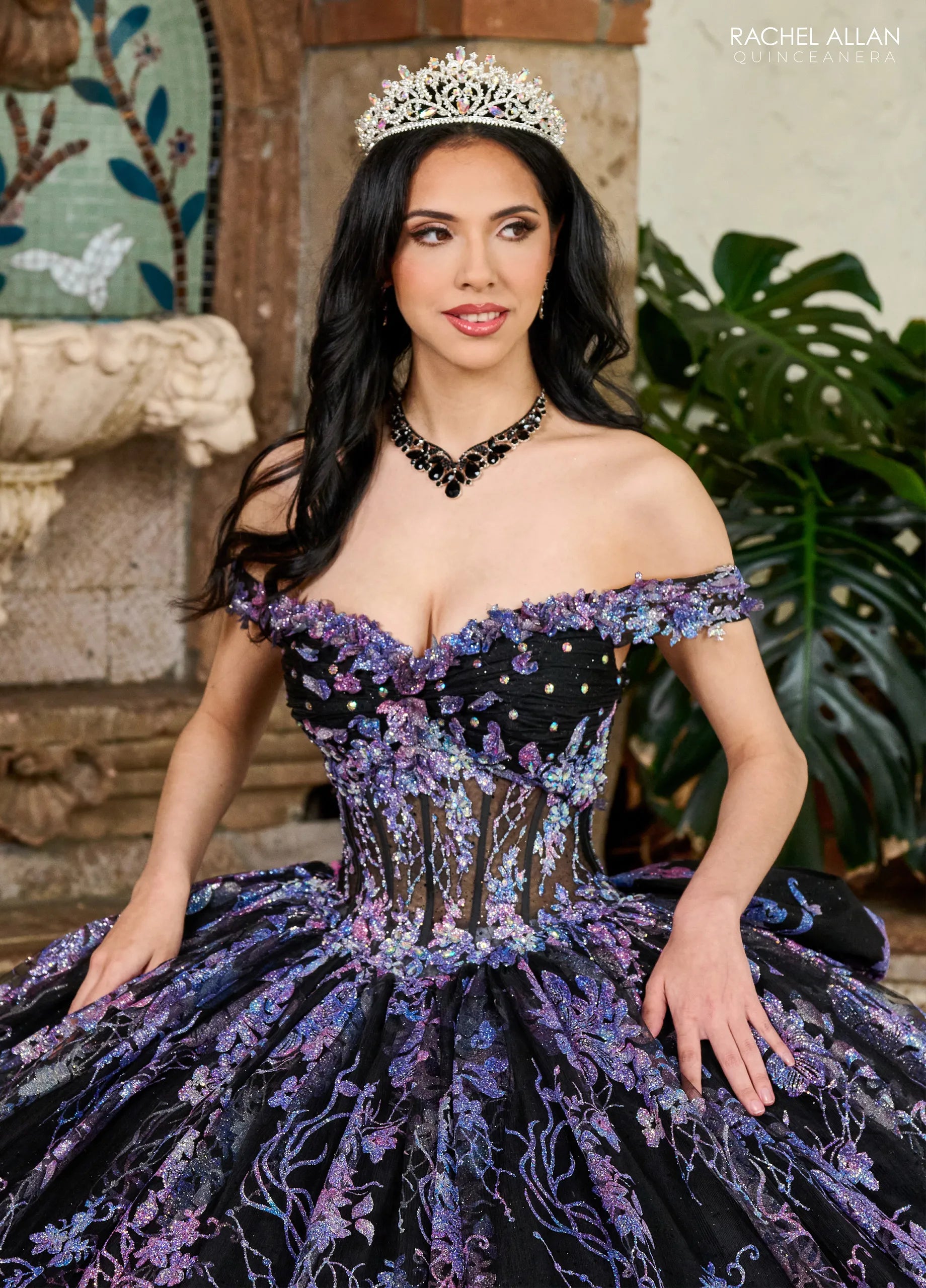Black Multi Off the Shoulder Floor Length Glitter Tulle Quinceanera Ball Gown Rachel Allan RQ1146