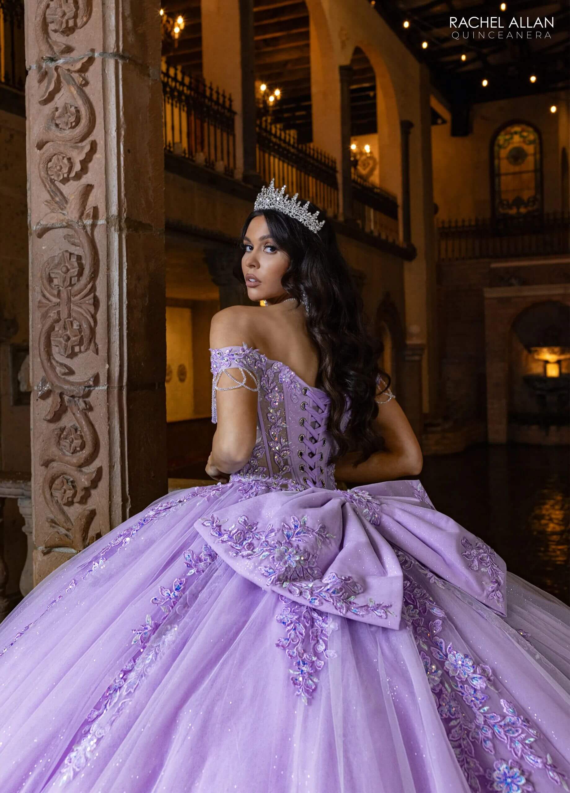 Ivory Lilac Sweetheart Floor Length Glitter Tulle Quinceanera Ball Gown with Detachable Puff Sleeves and Bow Rachel Allan RQ1165