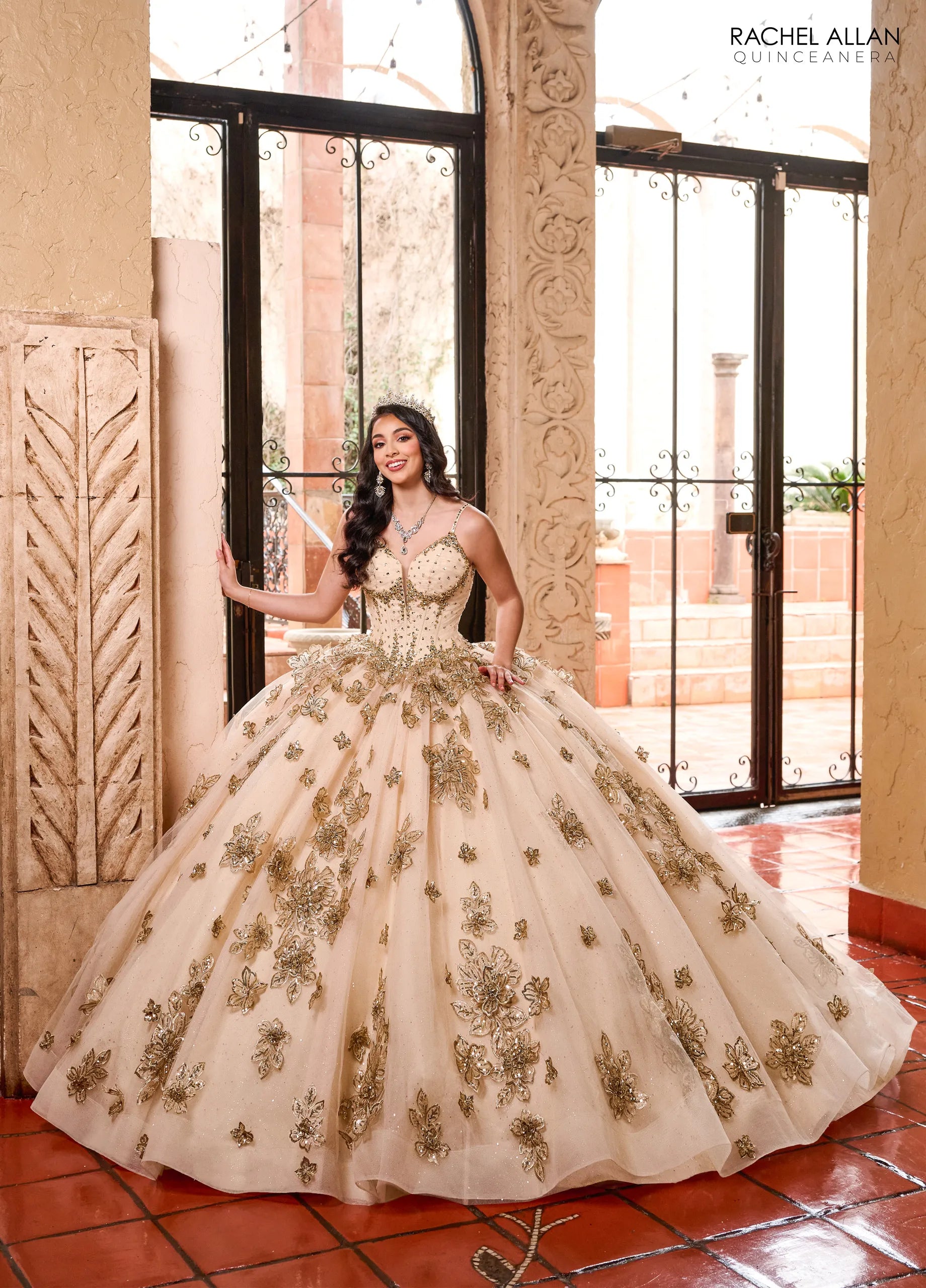 Champagne Rose Gold Sweetheart Floor Length Glitter Tulle Quinceanera Ball Gown with Embroidery Rachel Allan RQ1149