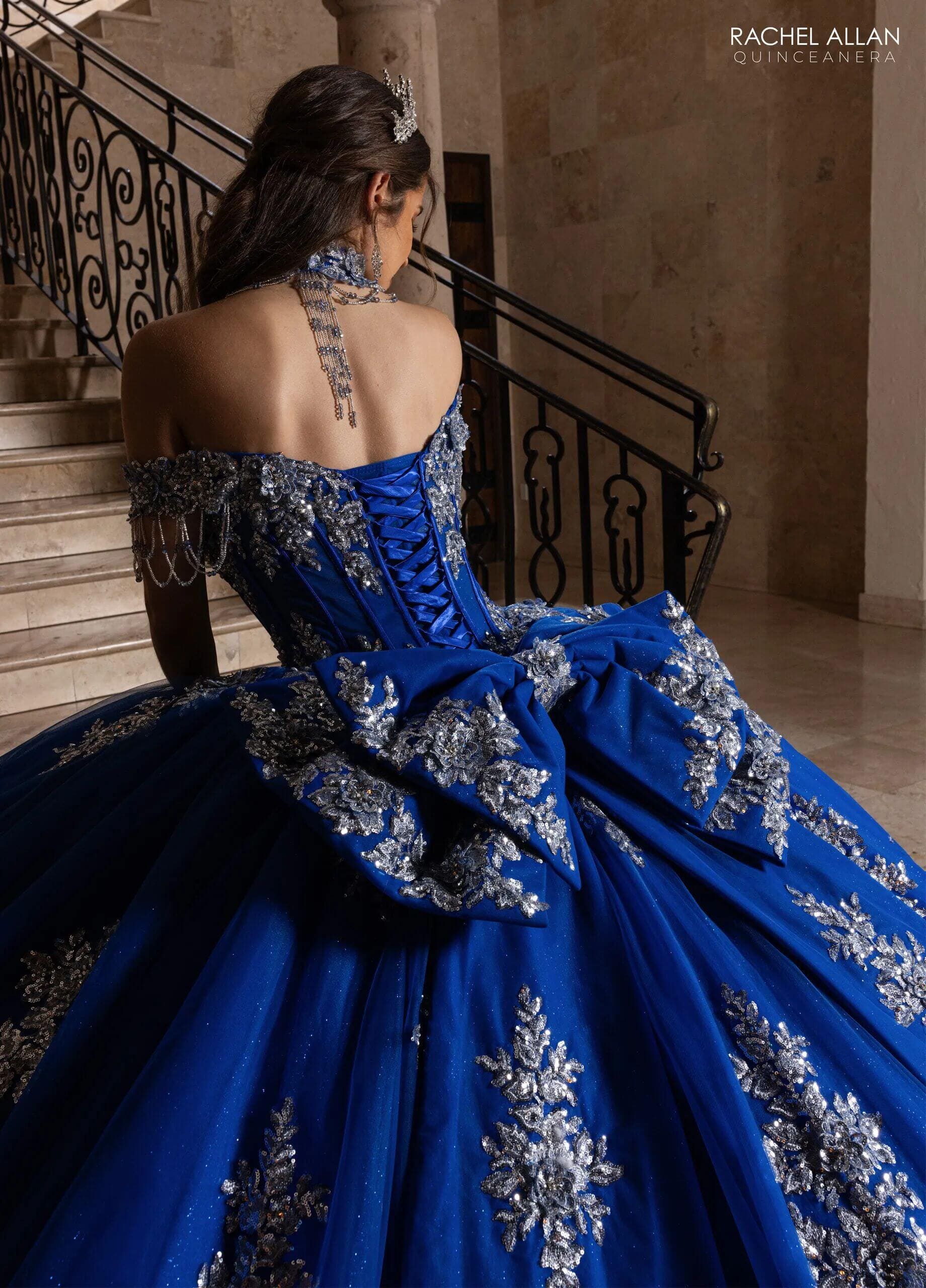 Royal Silver Off the Shoulder Floor Length Glitter Tulle Quinceanera Ball Gown Rachel Allan RQ1183
