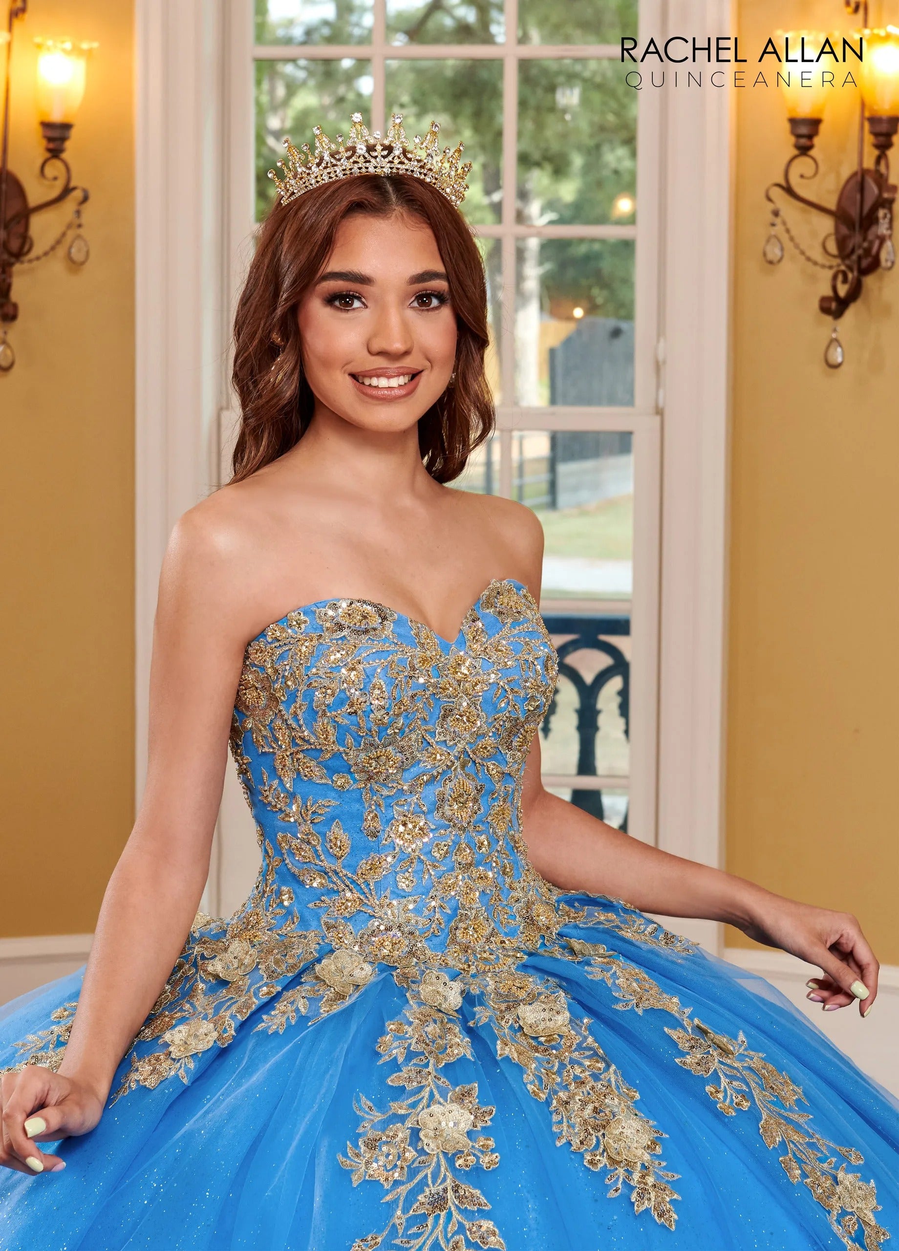 Azure Gold Sweetheart Floor Length Glitter Tulle Quinceanera Ball Gown with Detachable Cape Rachel Allan RQ1111